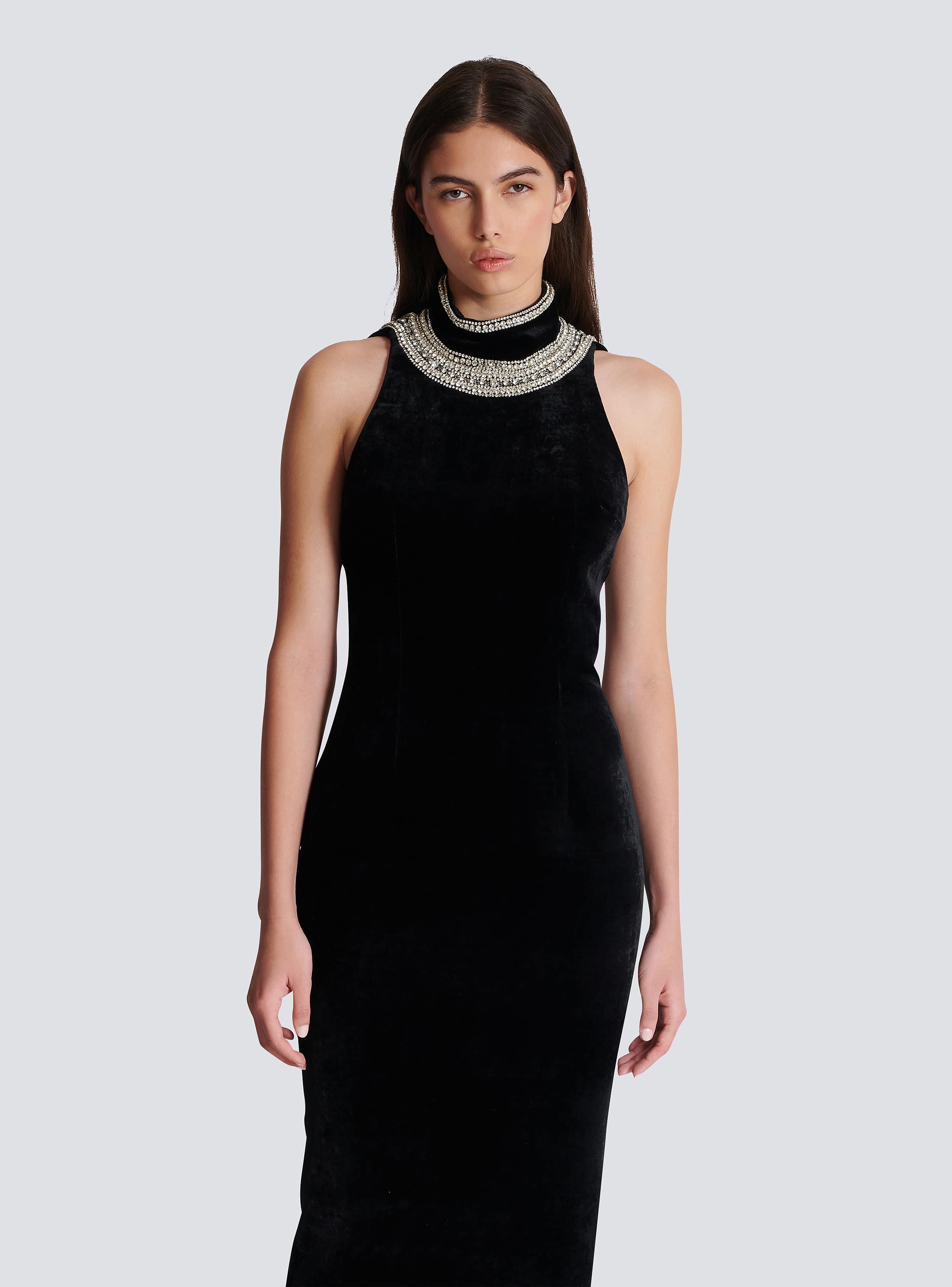 【送料&関税込】Balmain Velvet Dress With Stand-up Collar Balmain-Blk-LS-ShoulderPad-