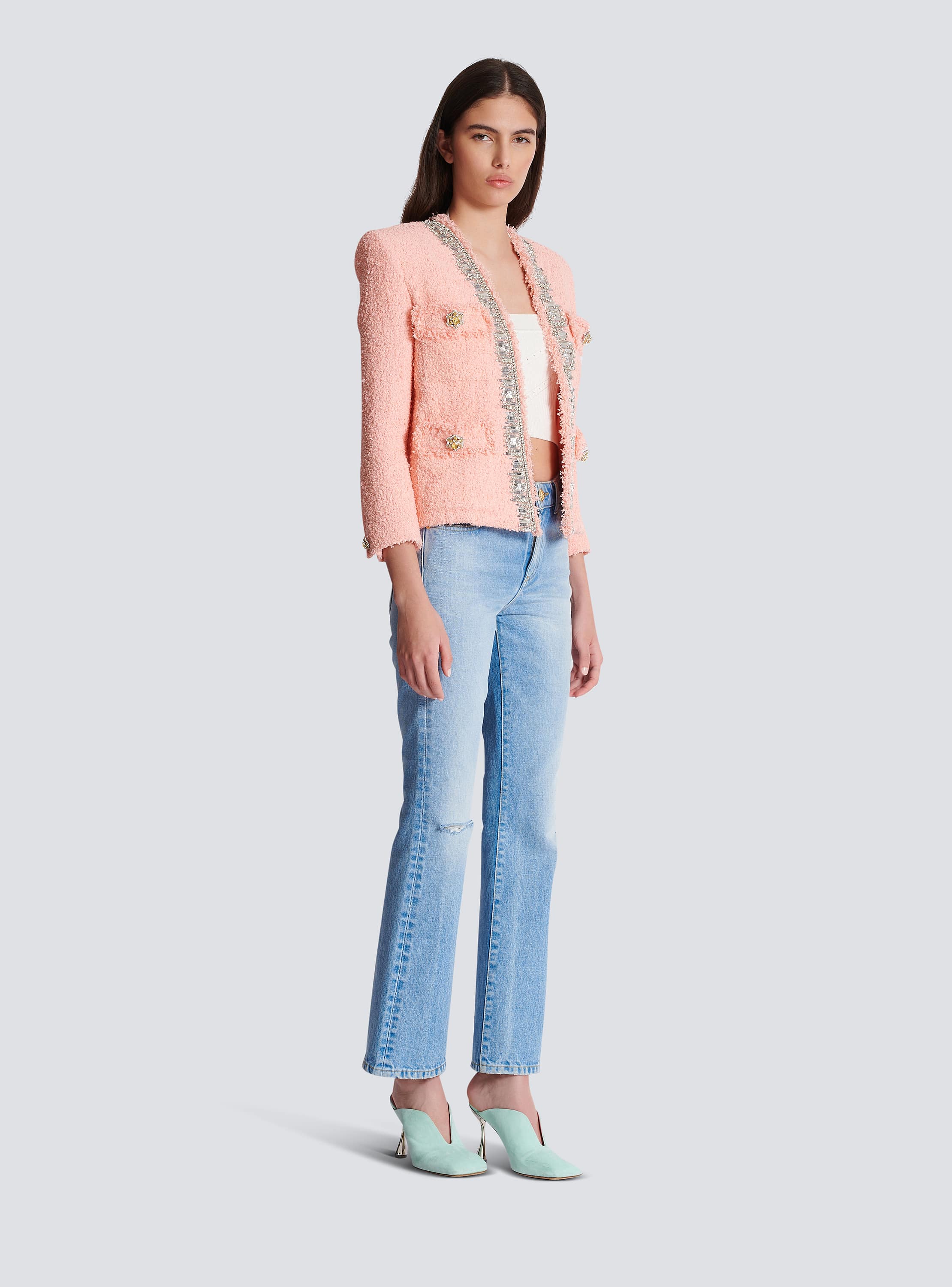 Collarless 4 Pckt Crystal Embrdrd Jacket