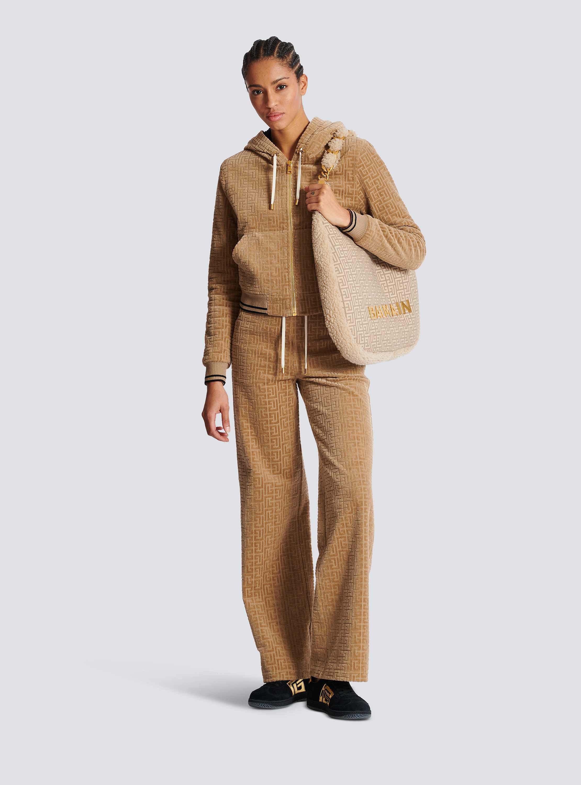 Velvet hooded jacket with PB Labyrinth monogram - Women