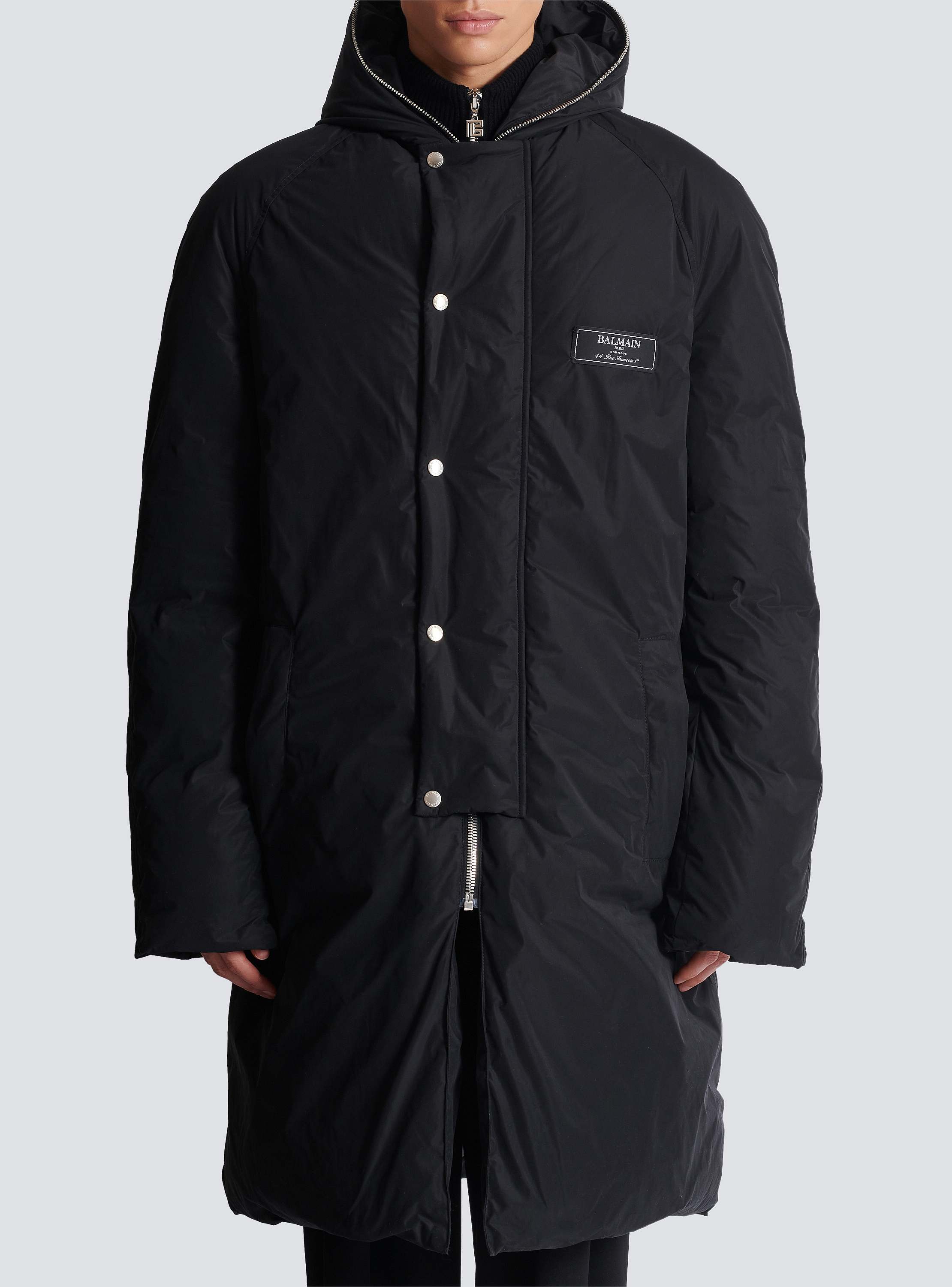 Long down nylon jacket with Balmain label - Men | BALMAIN