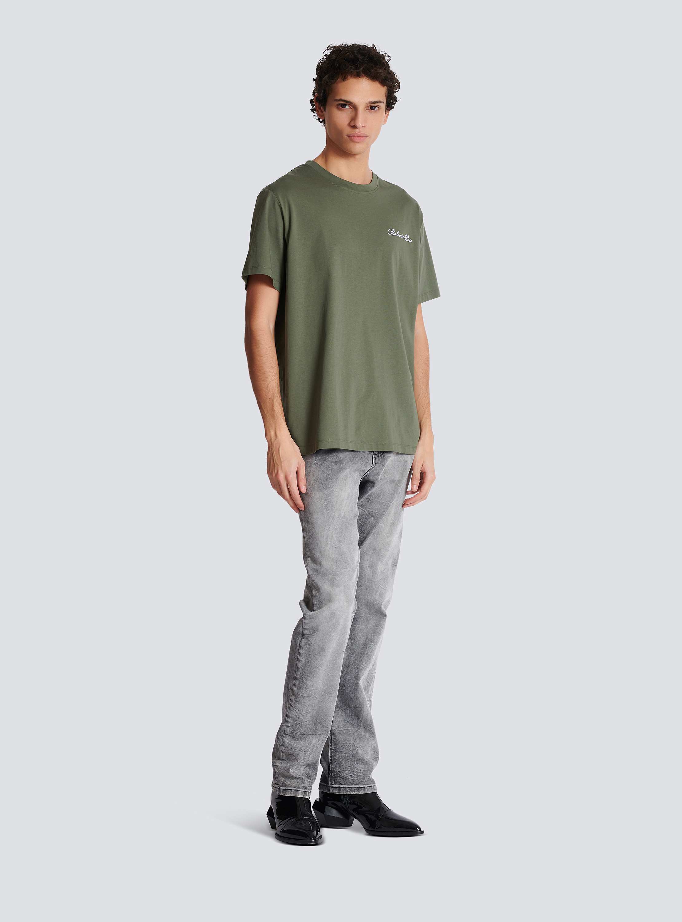 【翌日発送可能】 embroidery Signature Balmain with T-shirt Loose khaki Men - Tシャツ(半袖/袖なし)
