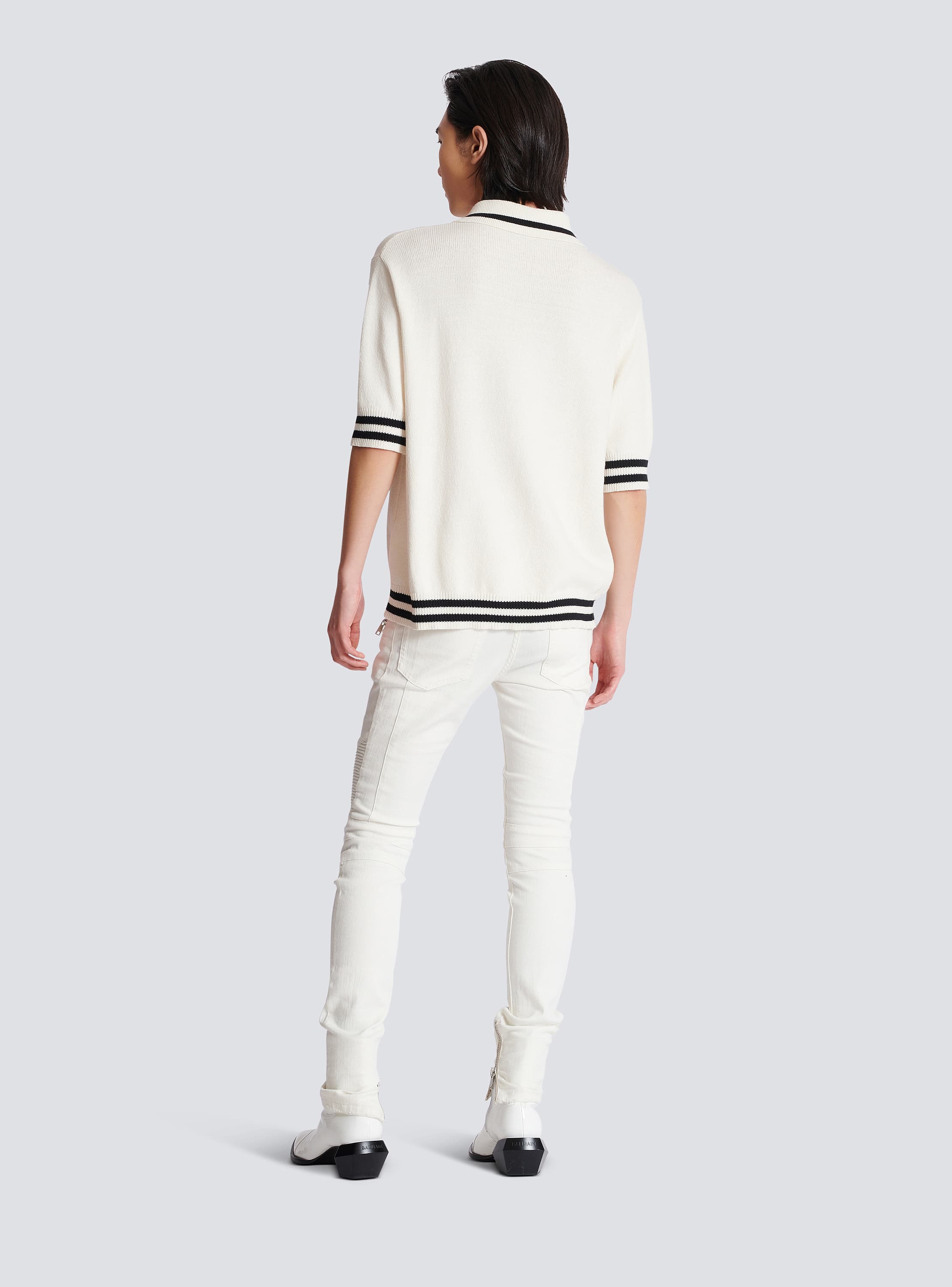 Wool polo shirt with Balmain Signature embroidery white