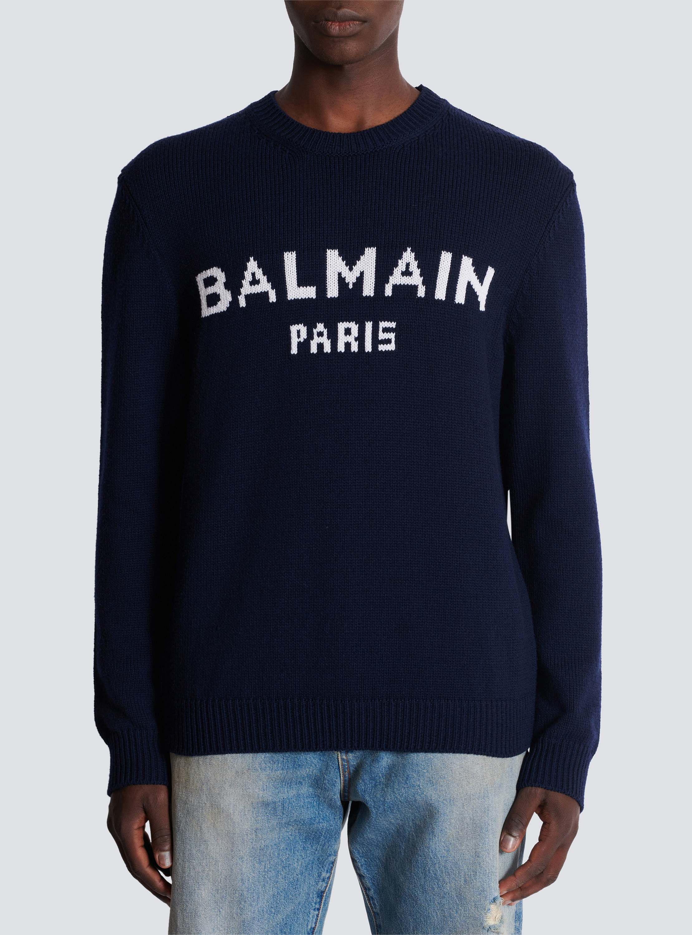 【関税&送料込】Balmain Blue Wool Sweater With Logo Wool Balmain Paris jumper - Men | BALMAIN