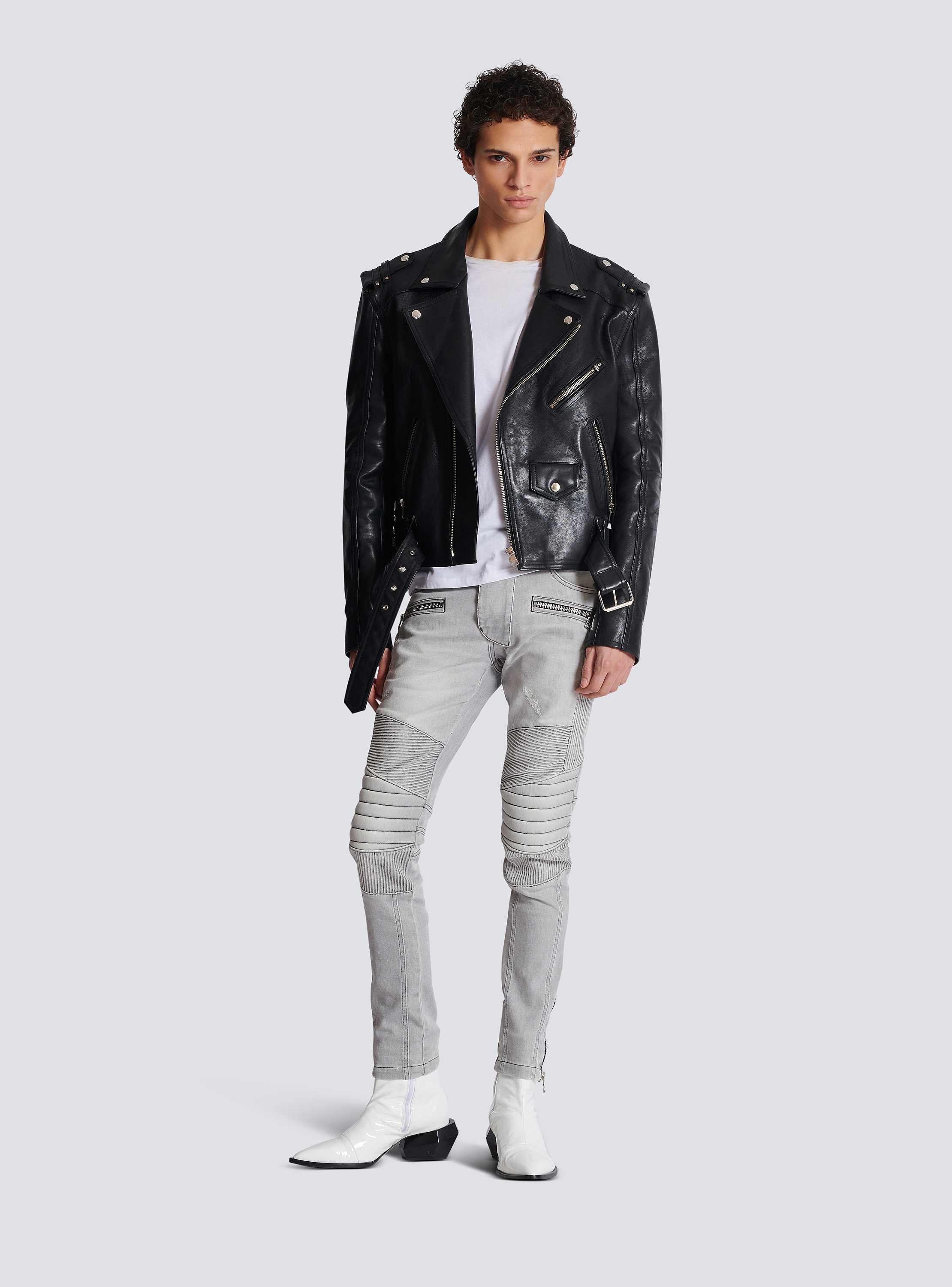 Biker jeans in Grey quilted denim - Men | BALMAIN
