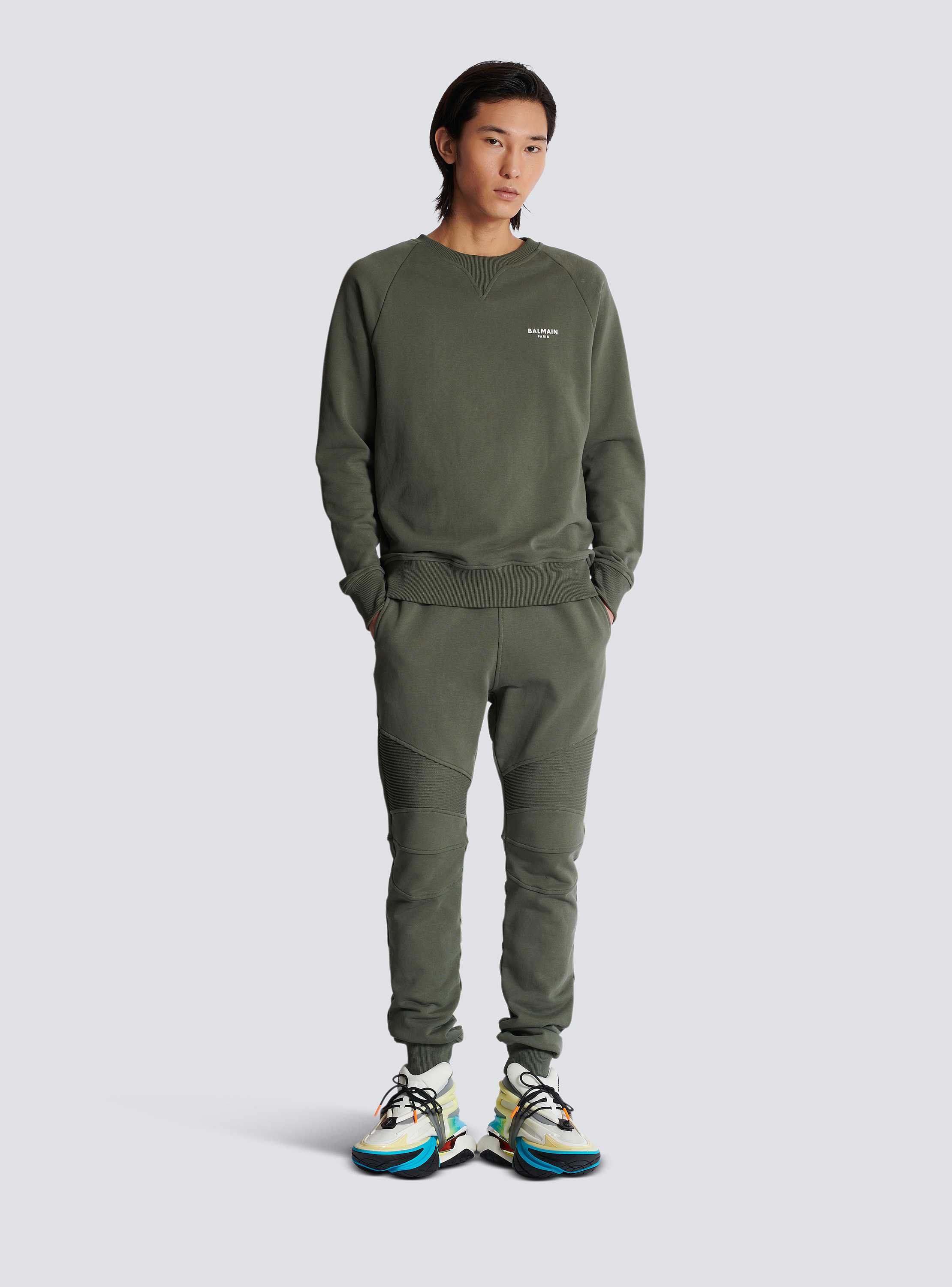 Flocked Balmain Paris joggers khaki - Men | BALMAIN