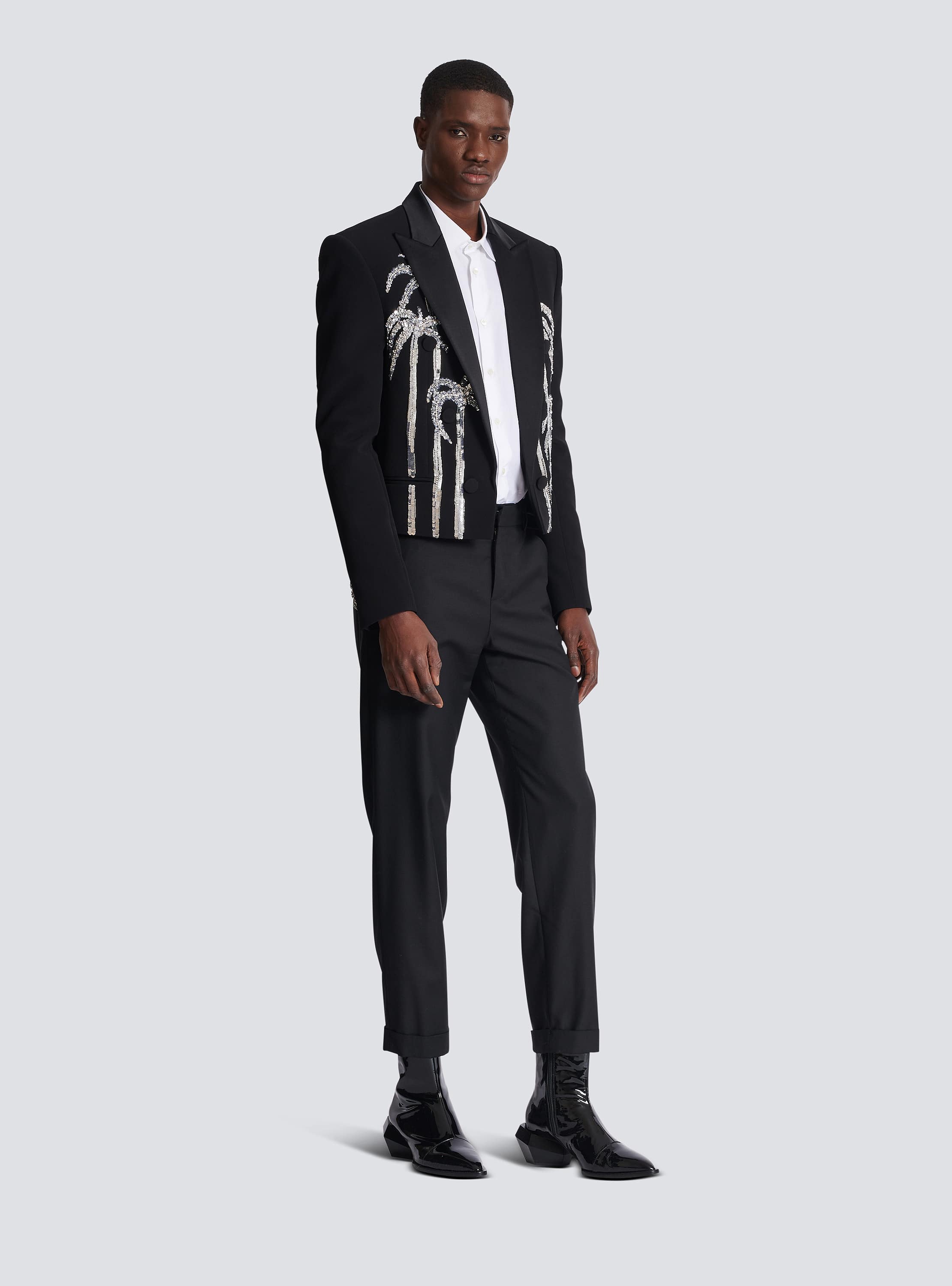 Cropped crepe jacket with palm tree embroidery