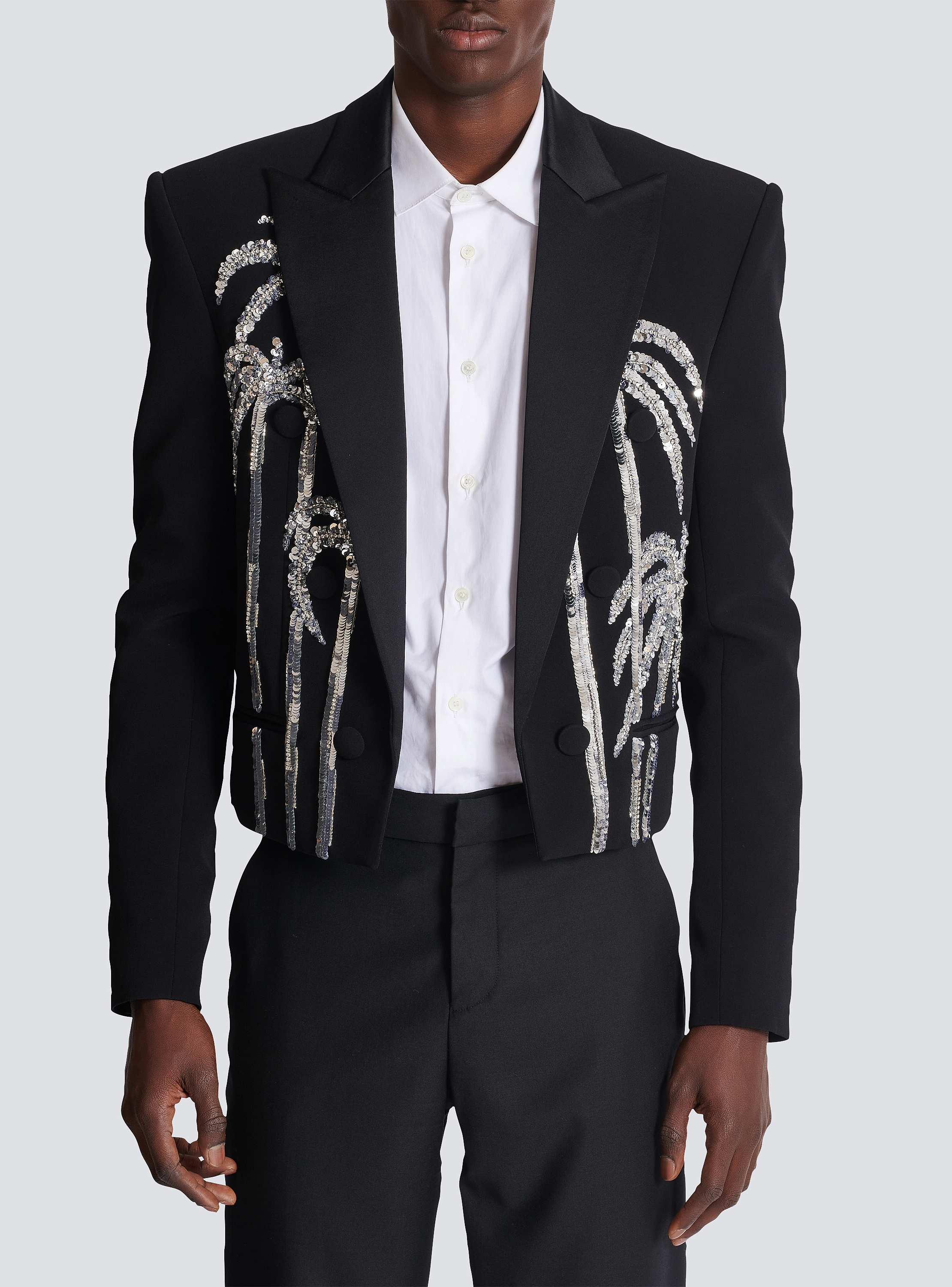 Cropped crepe jacket with palm tree embroidery