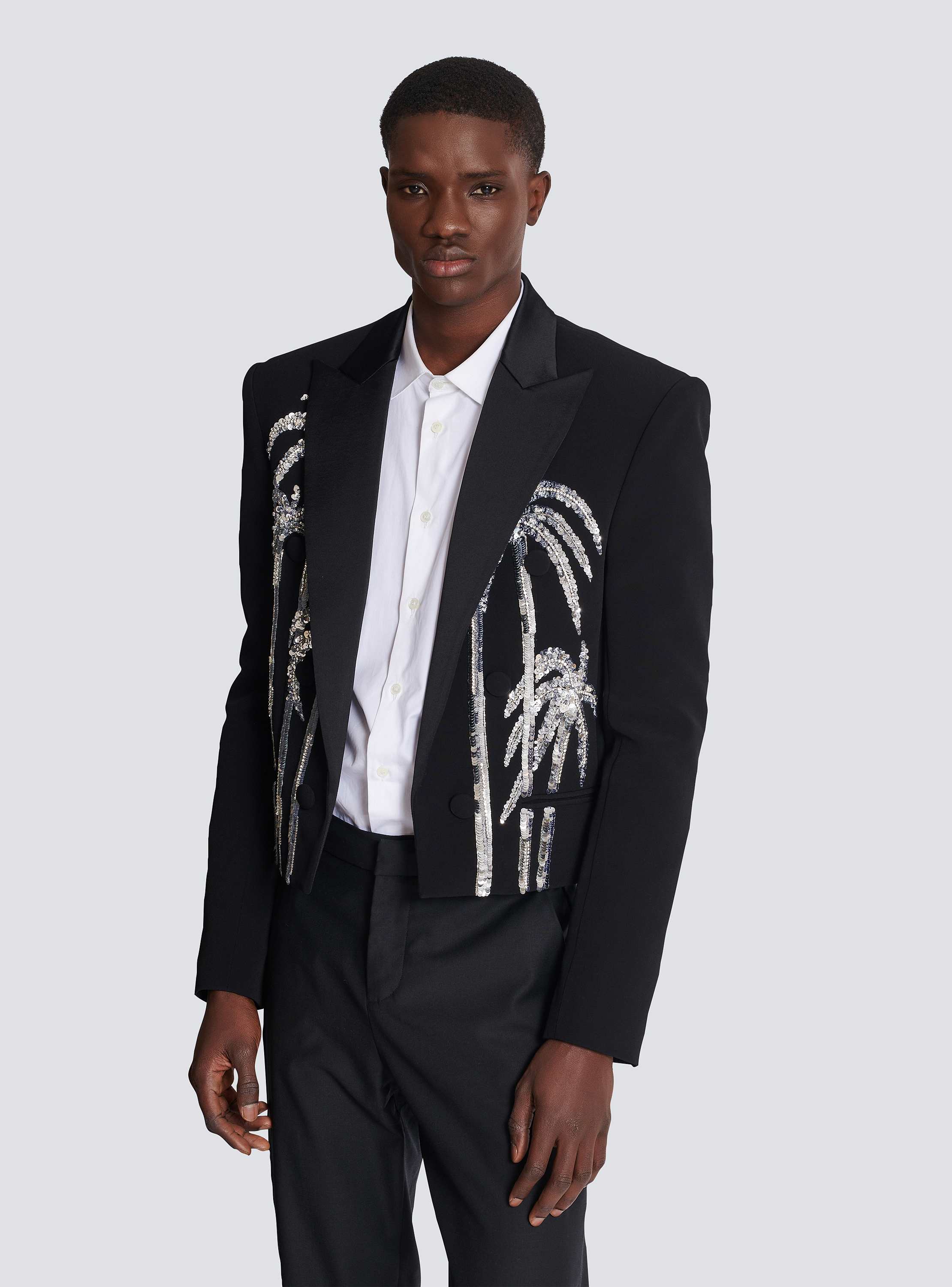 Cropped crepe jacket with palm tree embroidery