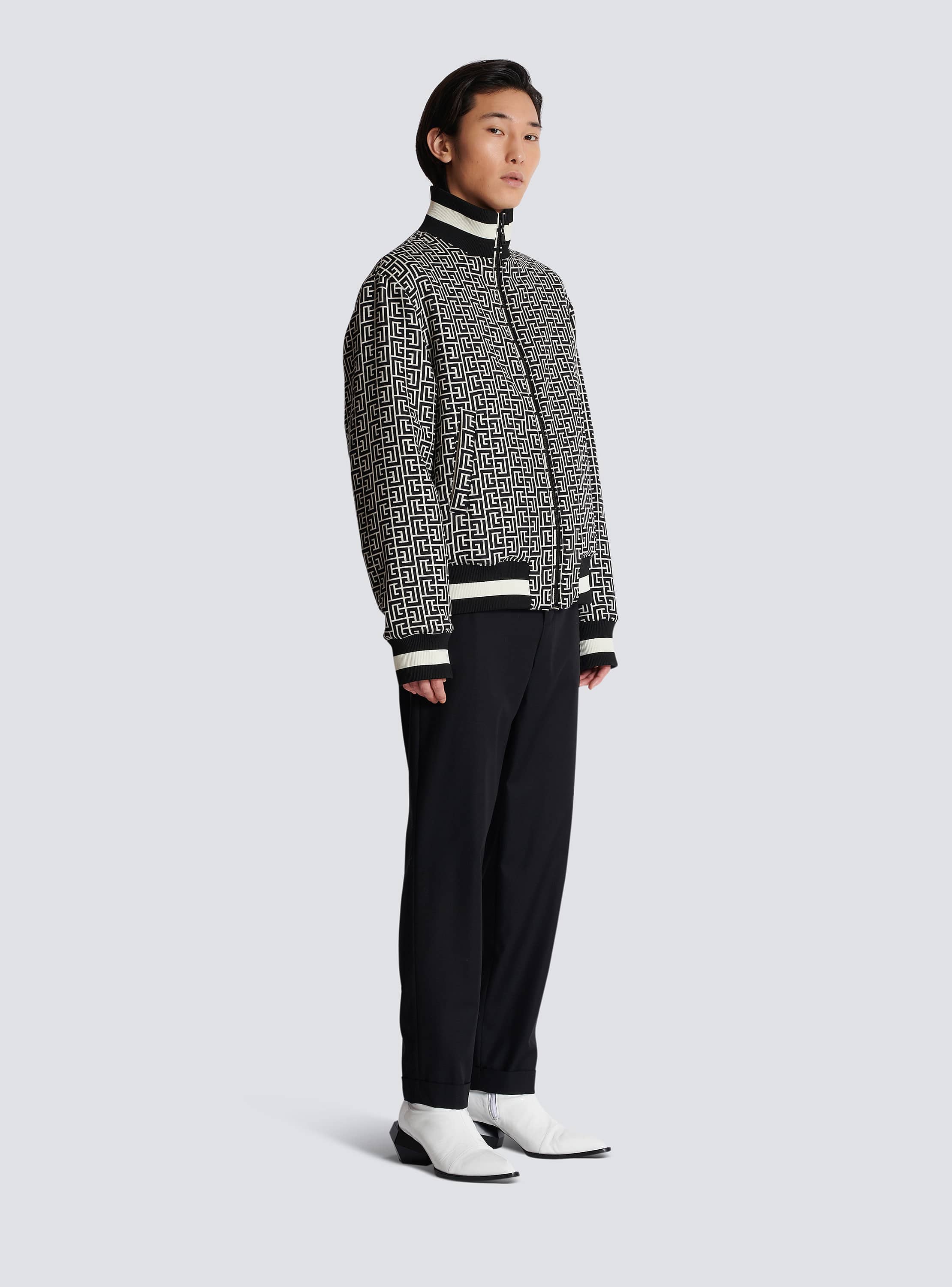 Reversible monogrammed bomber jacket