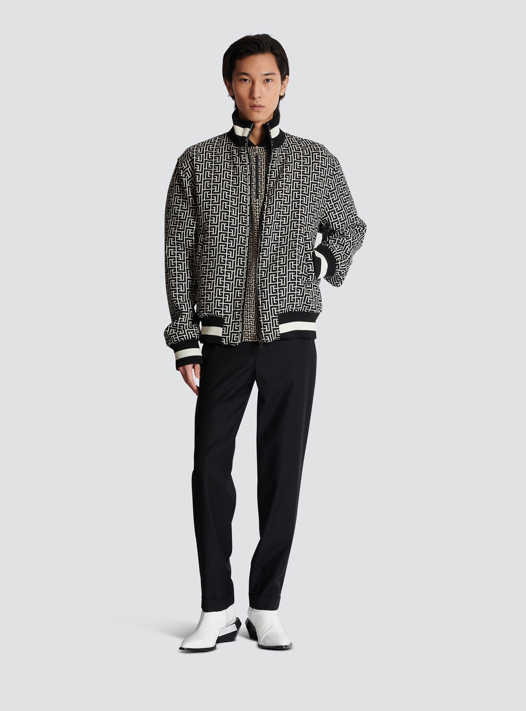 Reversible monogrammed bomber jacket