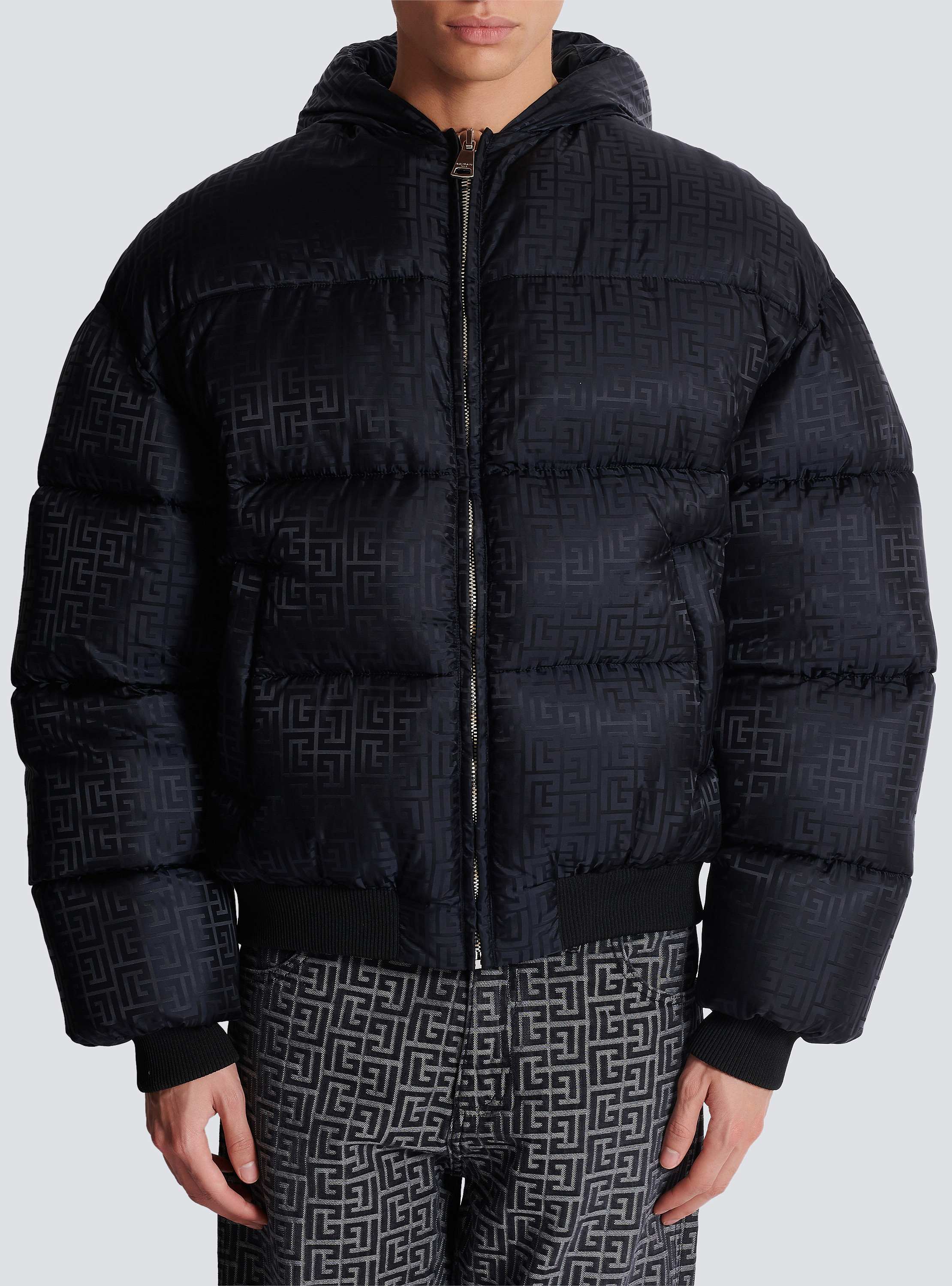 Long down nylon jacket with Balmain label black - Men | BALMAIN