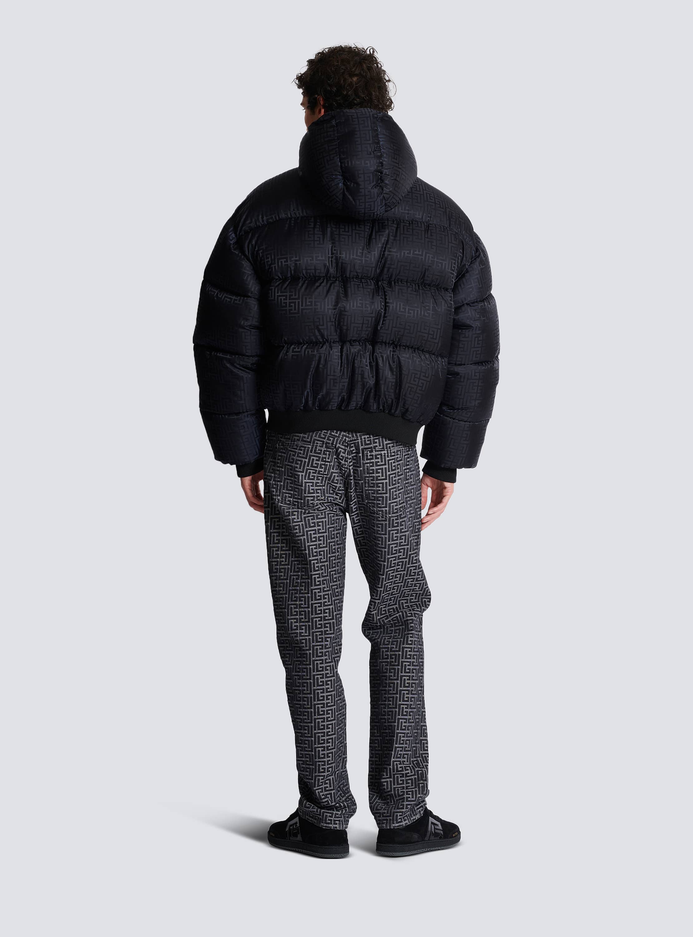 Long down nylon jacket with Balmain label black - Men | BALMAIN