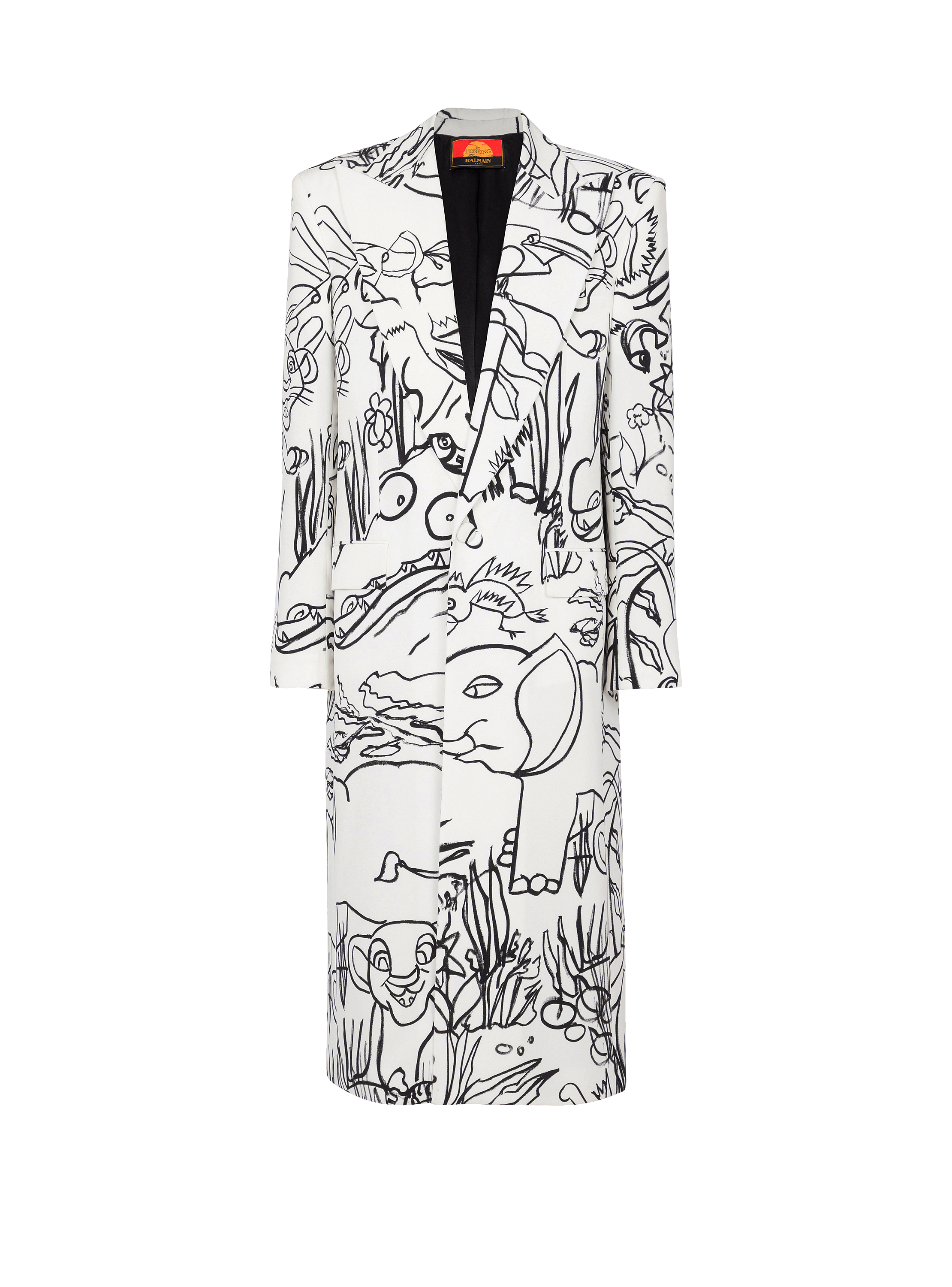 Disney x Balmain: The Lion King - Long crepe coat with Enfant Précoce print