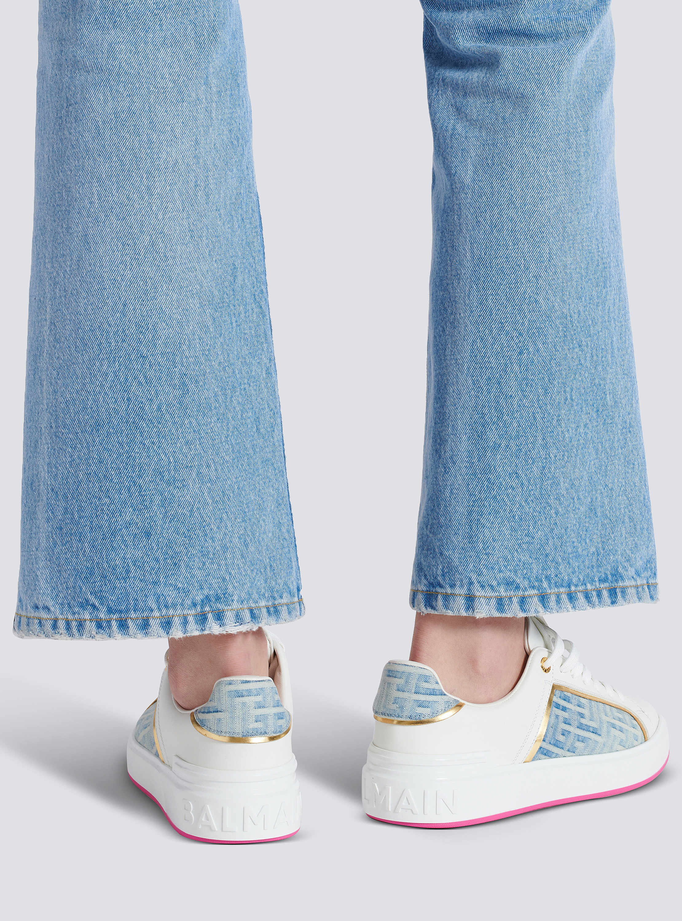 B-Court sneakers in leather and denim white - Women | BALMAIN
