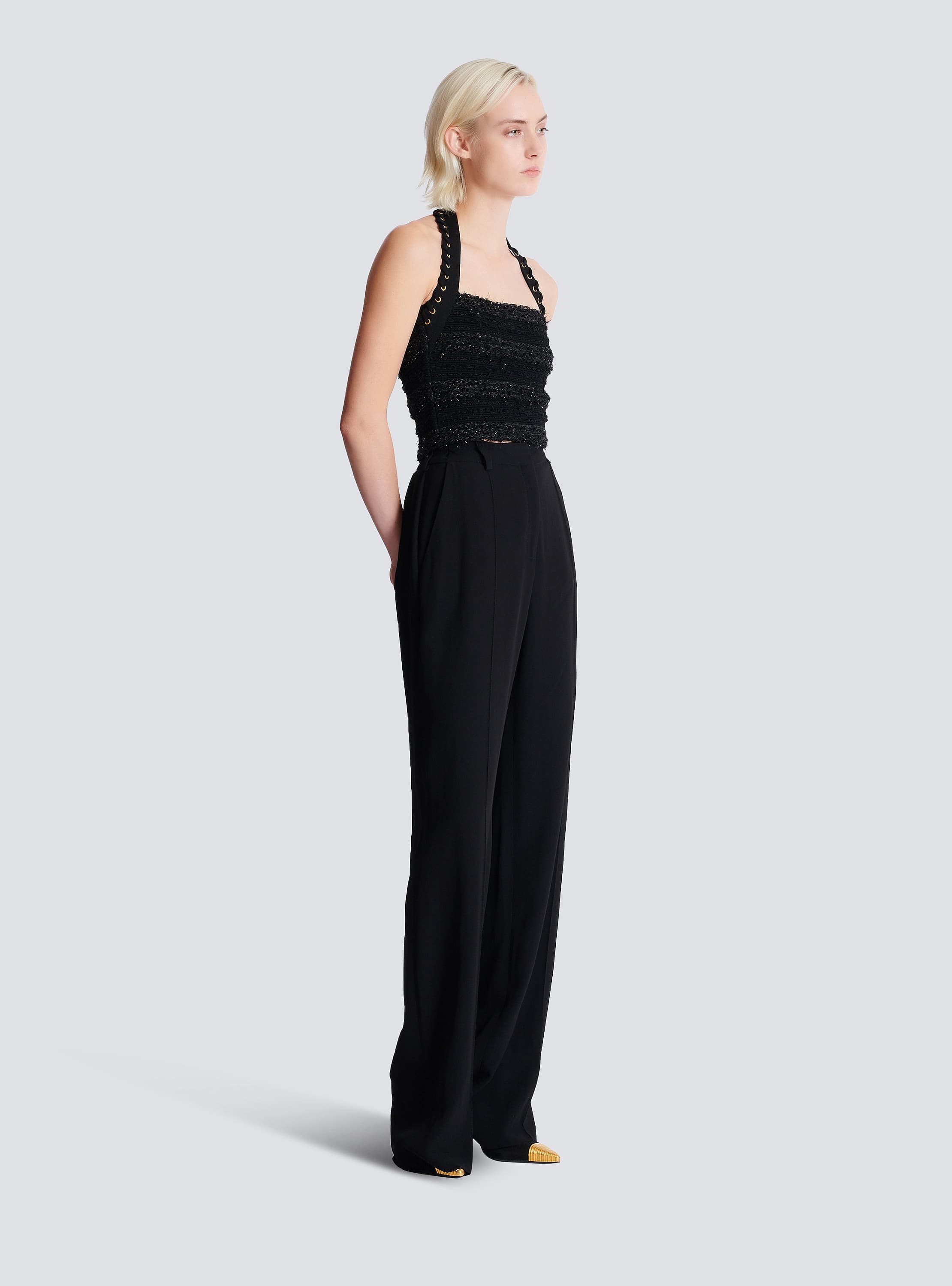 Halterneck top in tweed-effect knit