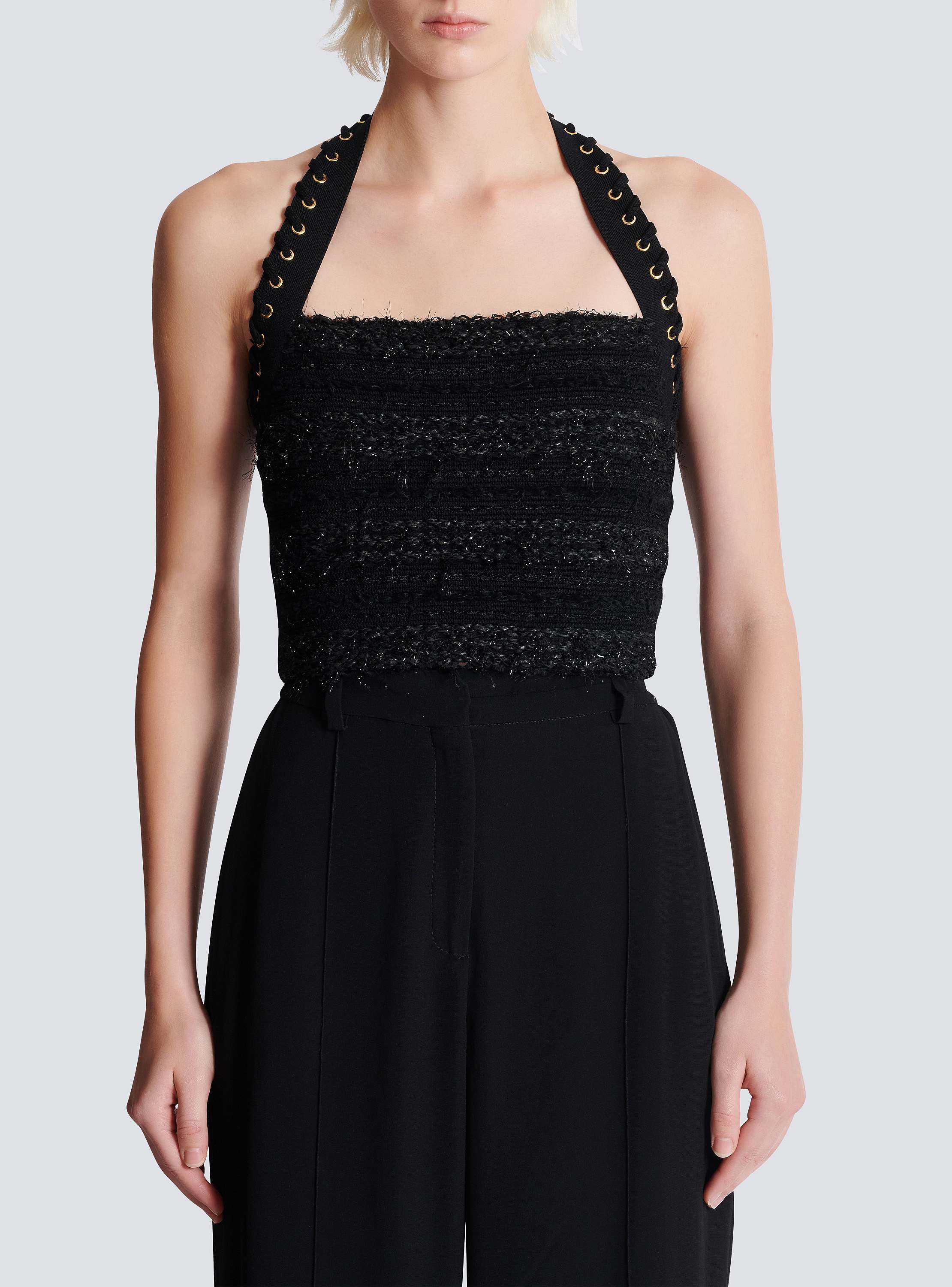 Halterneck top in tweed-effect knit