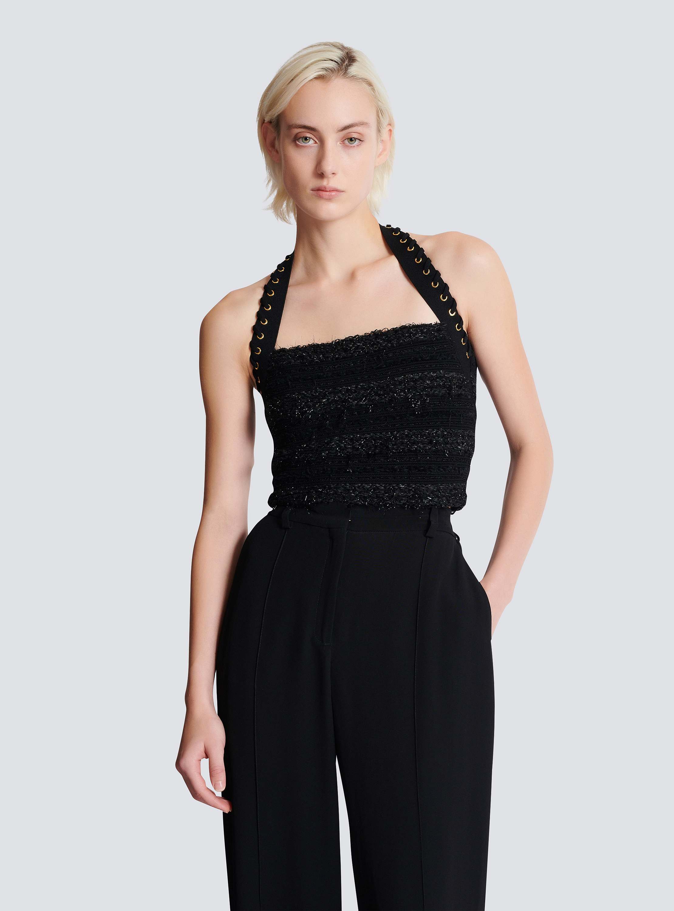 Halterneck top in tweed-effect knit