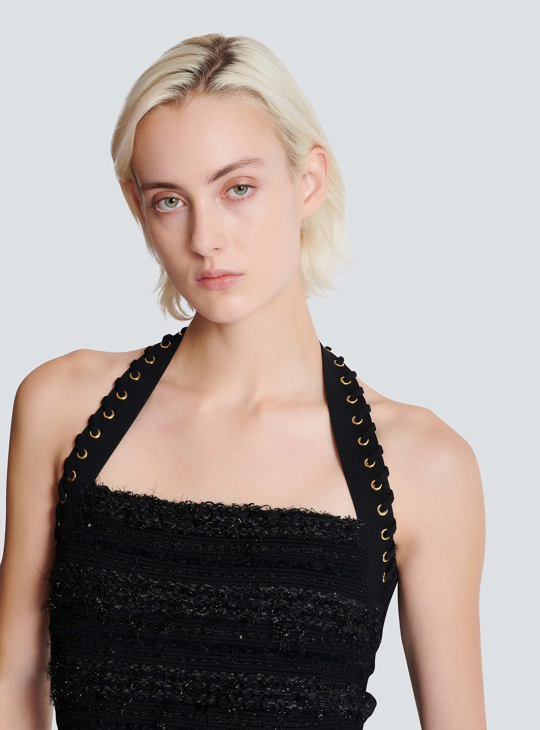 Halterneck top in tweed-effect knit