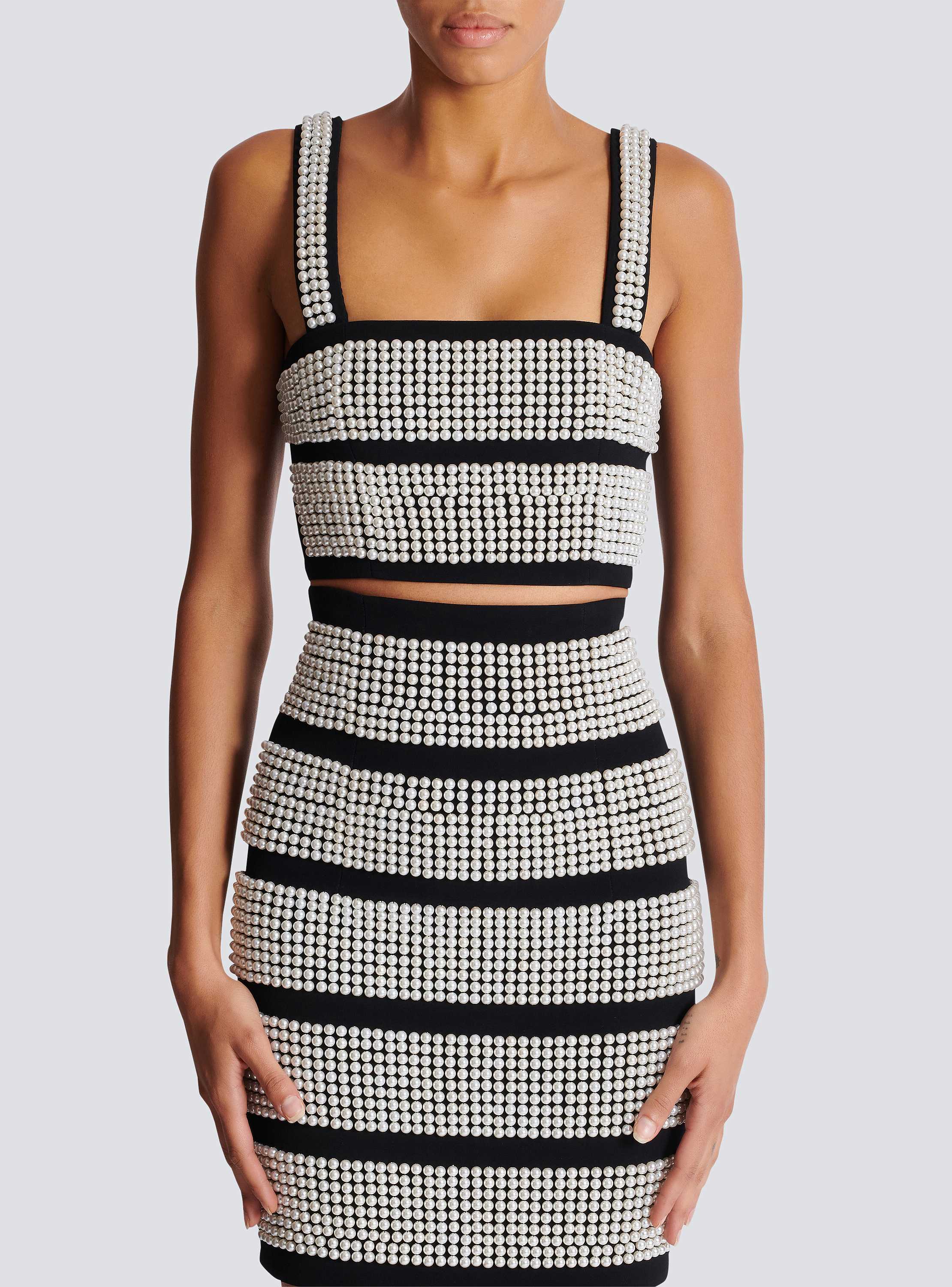 Thin-strap embroidered pearls stripes crop top