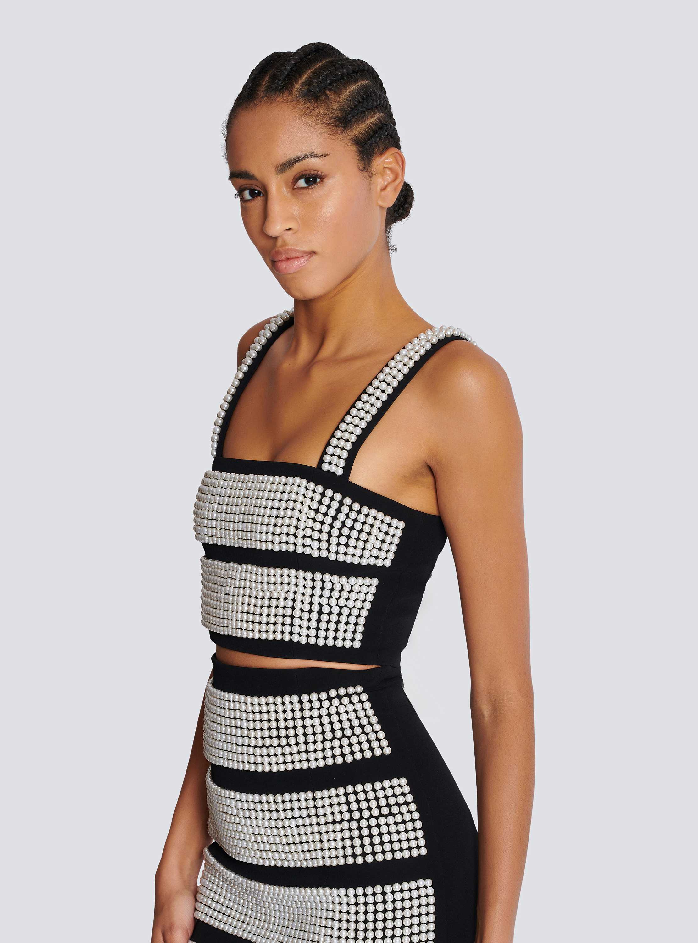 Thin-strap embroidered pearls stripes crop top