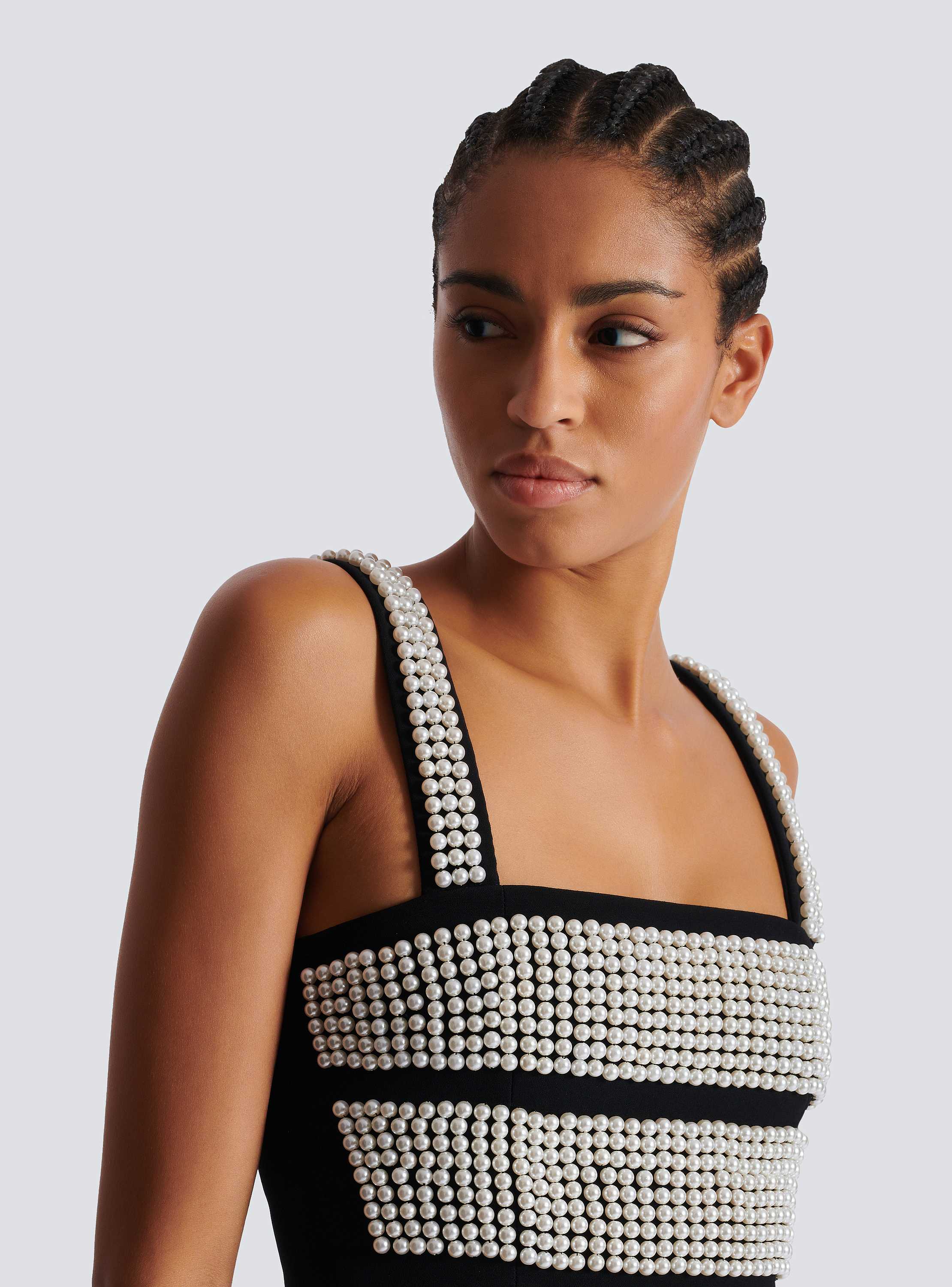 Thin-strap embroidered pearls stripes crop top