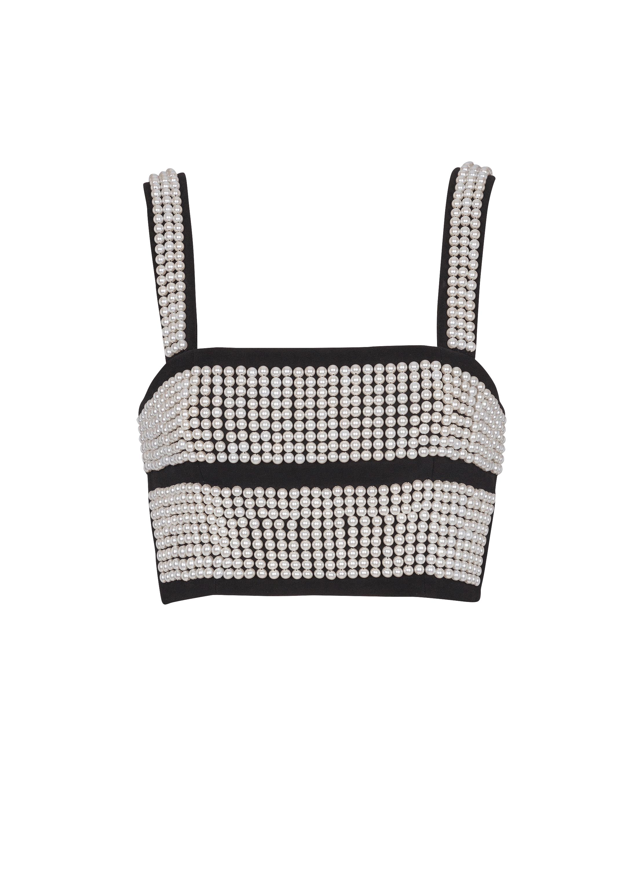 Thin-strap embroidered pearls stripes crop top