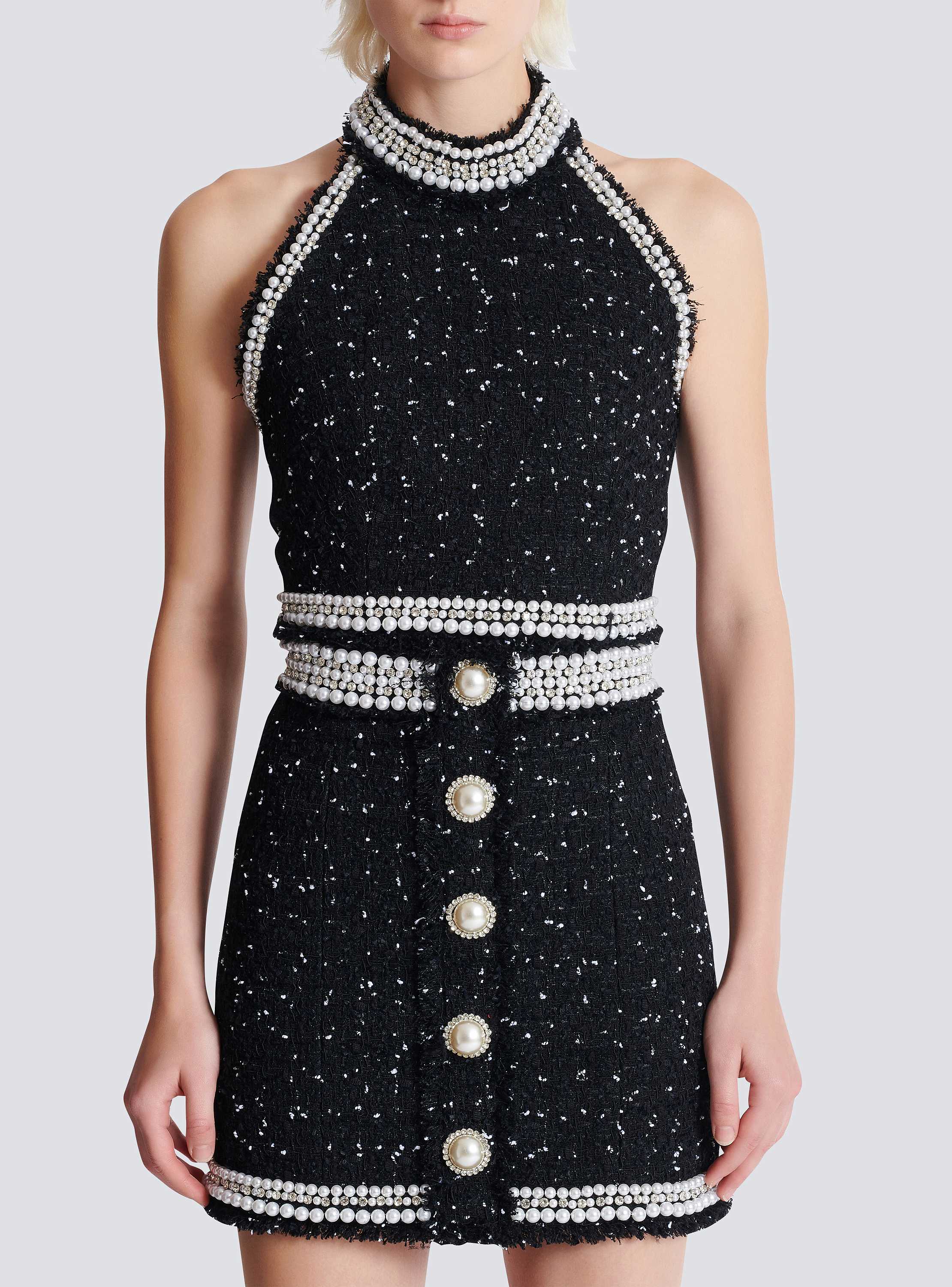 ポルカドット刺繍ツイード ホルタートップ 