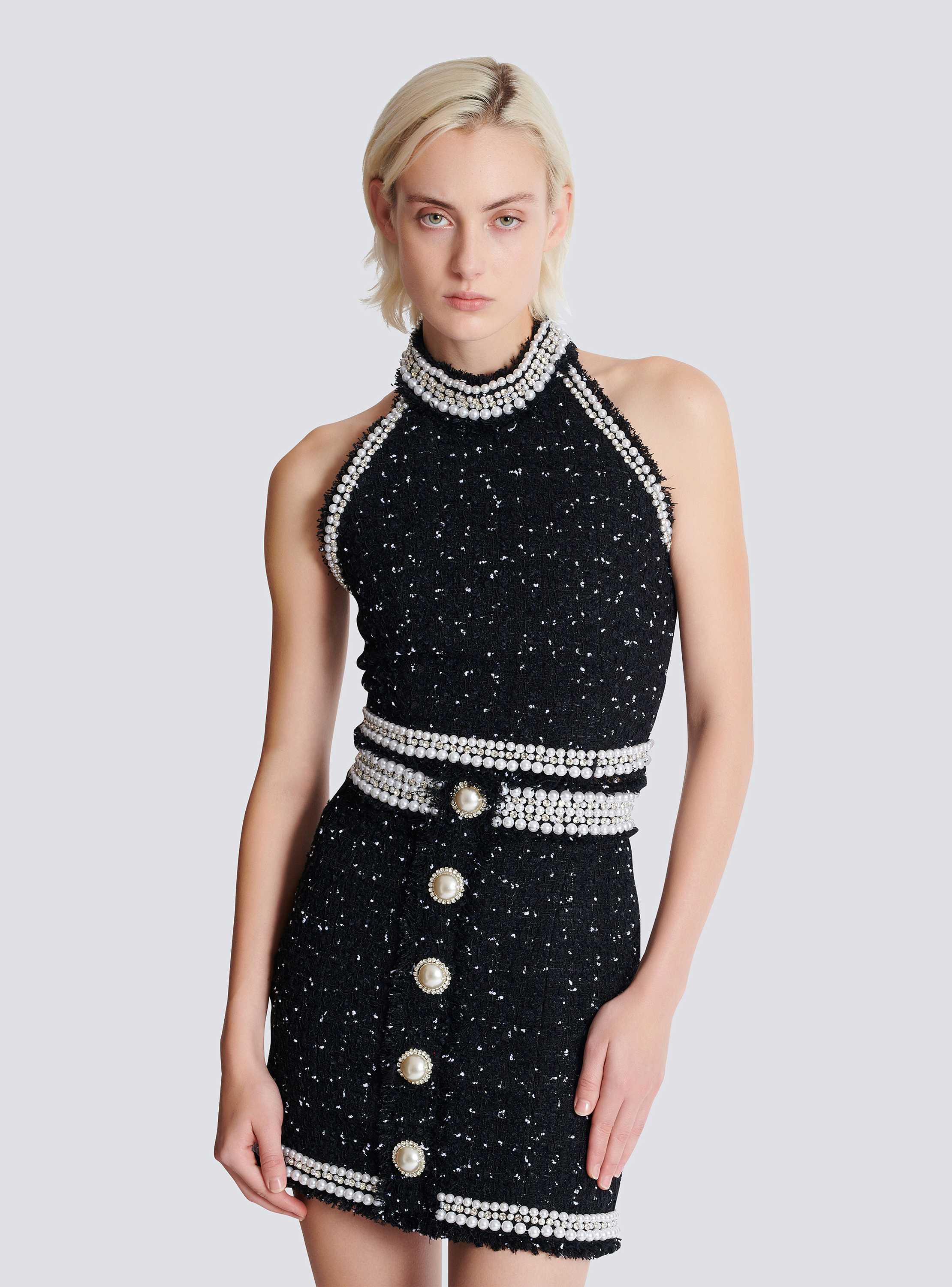 Embroidered polka-dot tweed halterneck top - Women | BALMAIN
