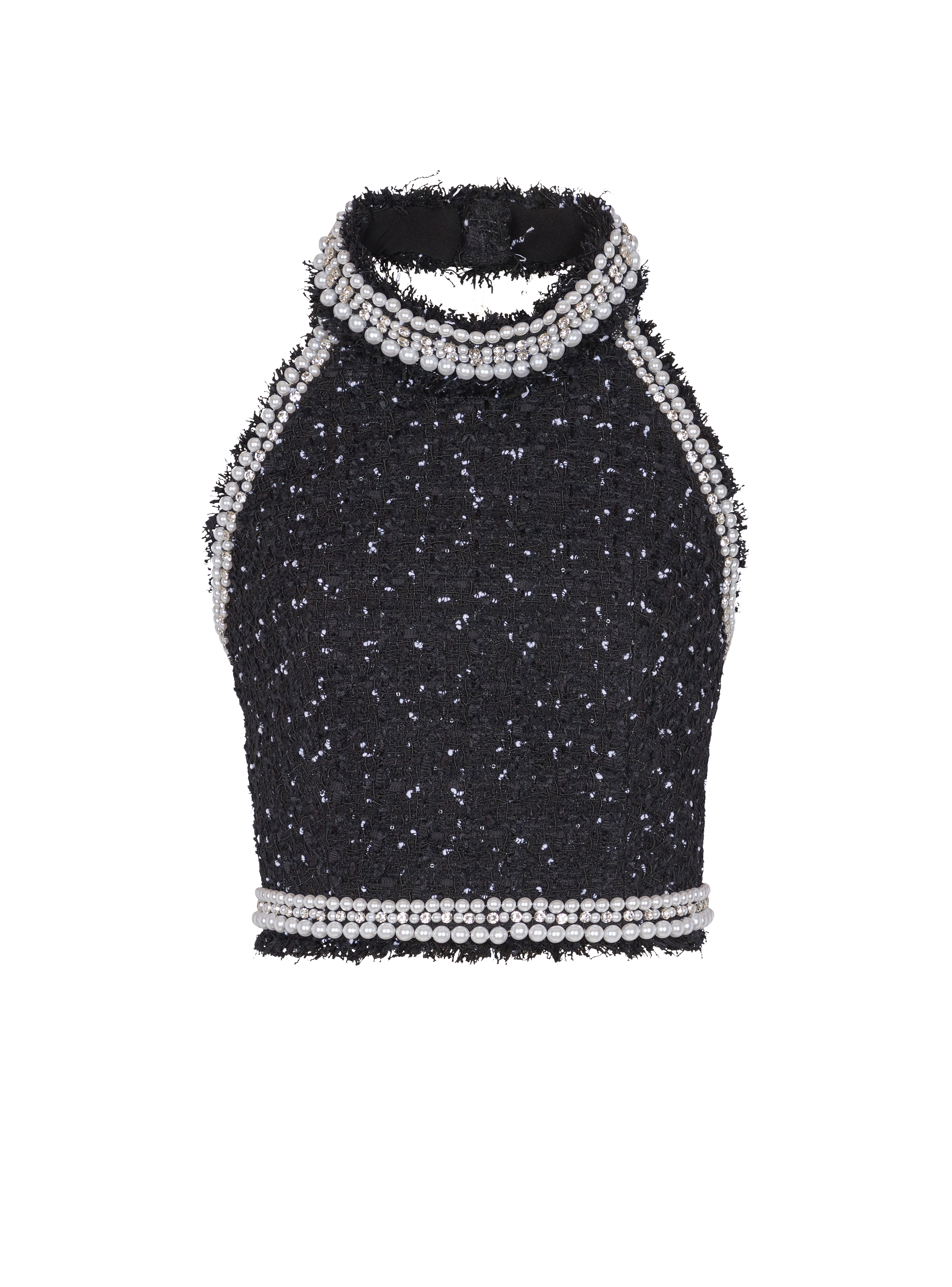 Embroidered polka-dot tweed halterneck top
