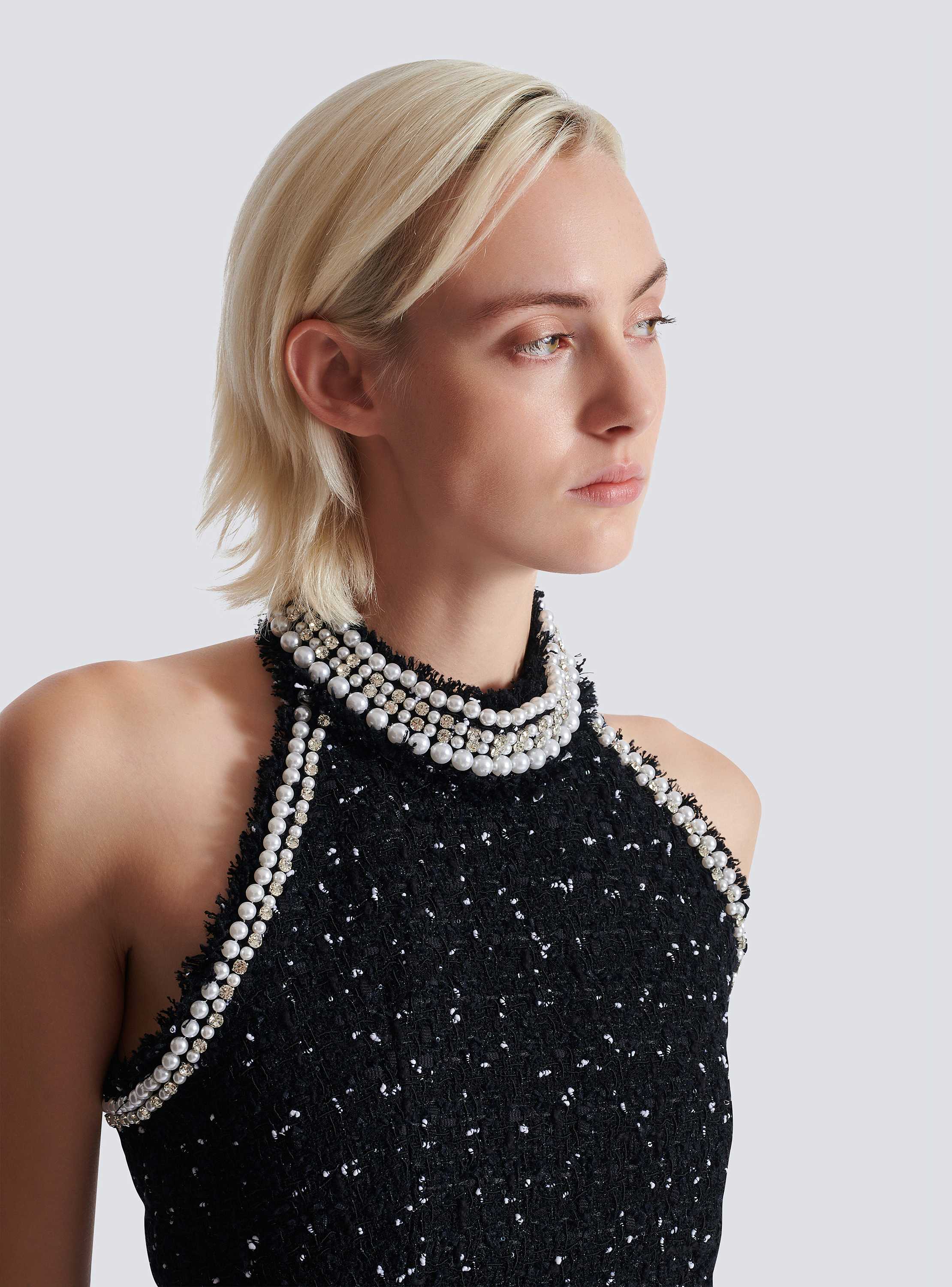 ポルカドット刺繍ツイード ホルタートップ 