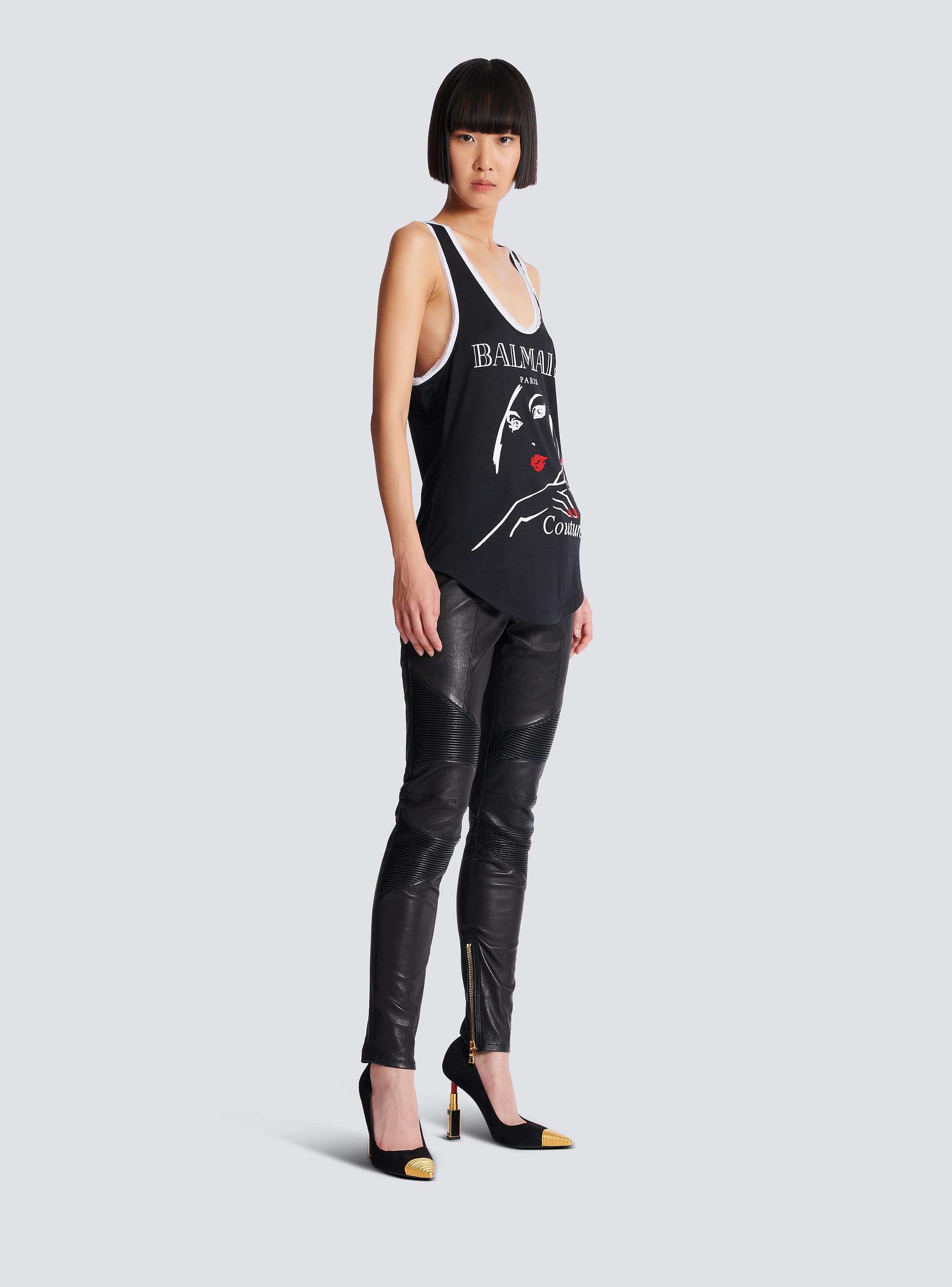 Flocked relaxed tank top with Balmain Beauty print black
