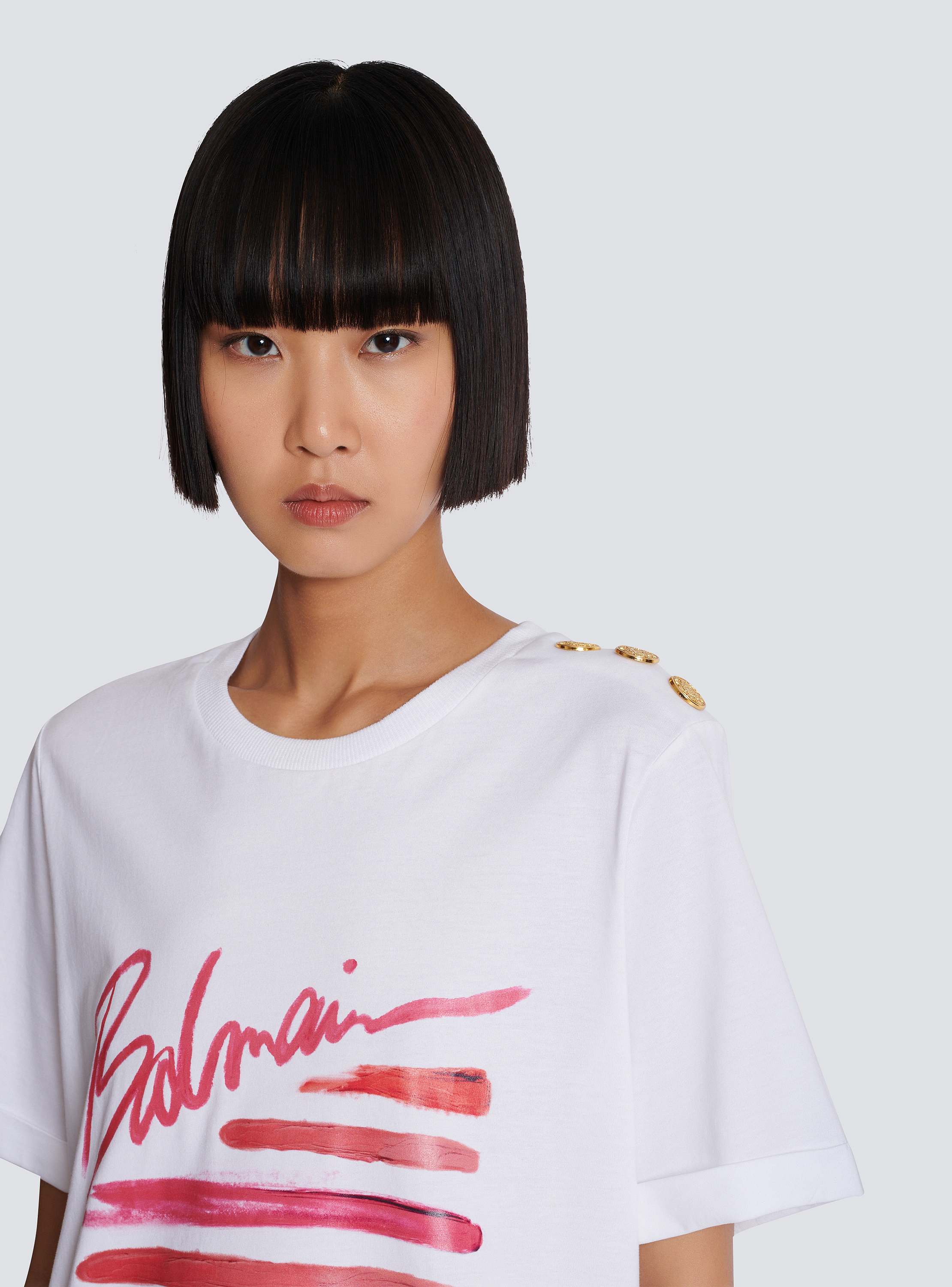 Tシャツ・カットソー BALMAIN Women Tunic Tops EF0EF135GE91 GTI WHITE T-shirt with Balmain Lipstick print - Women | BALMAIN