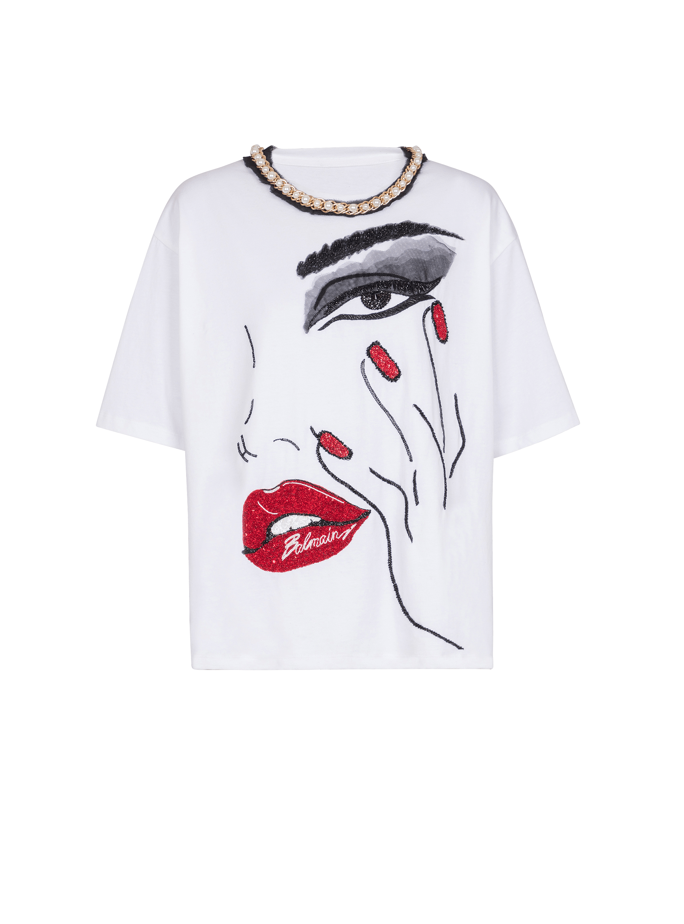 Pearls chains details partial face t-shirt