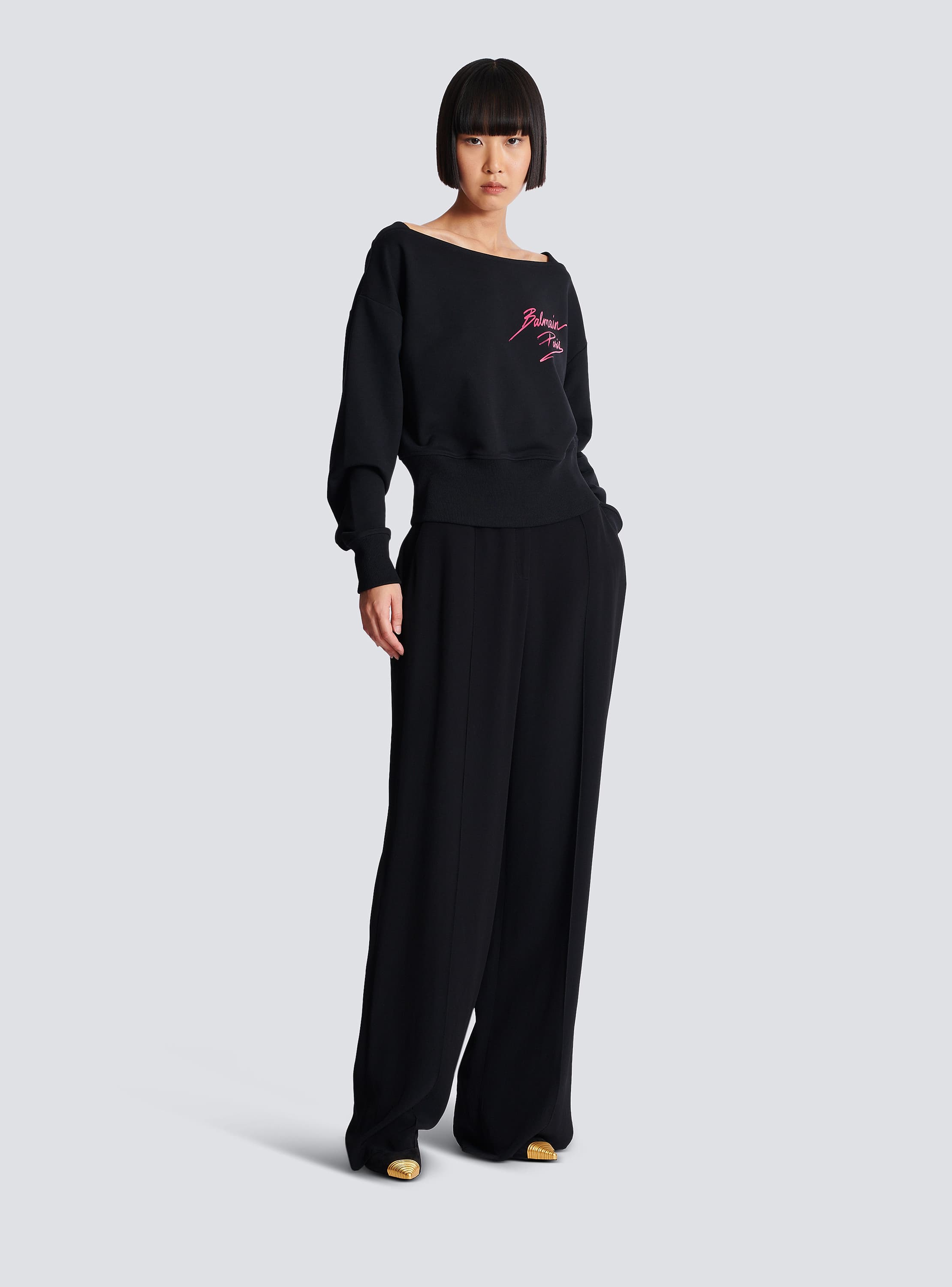 Long-sleeve boatneck cropped sweatshirt