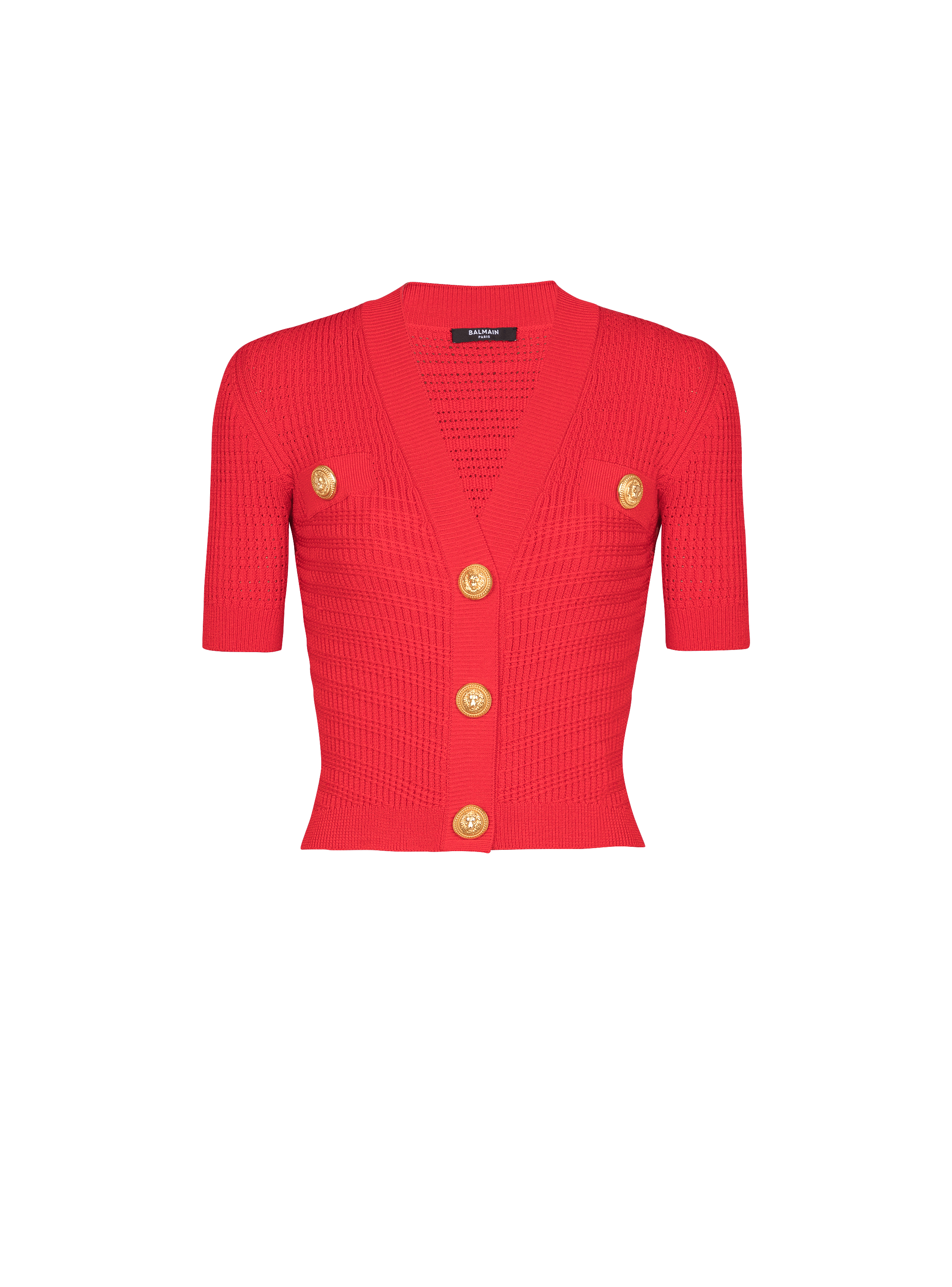 Short-sleeve two pockets buttoned knit crop cardigan