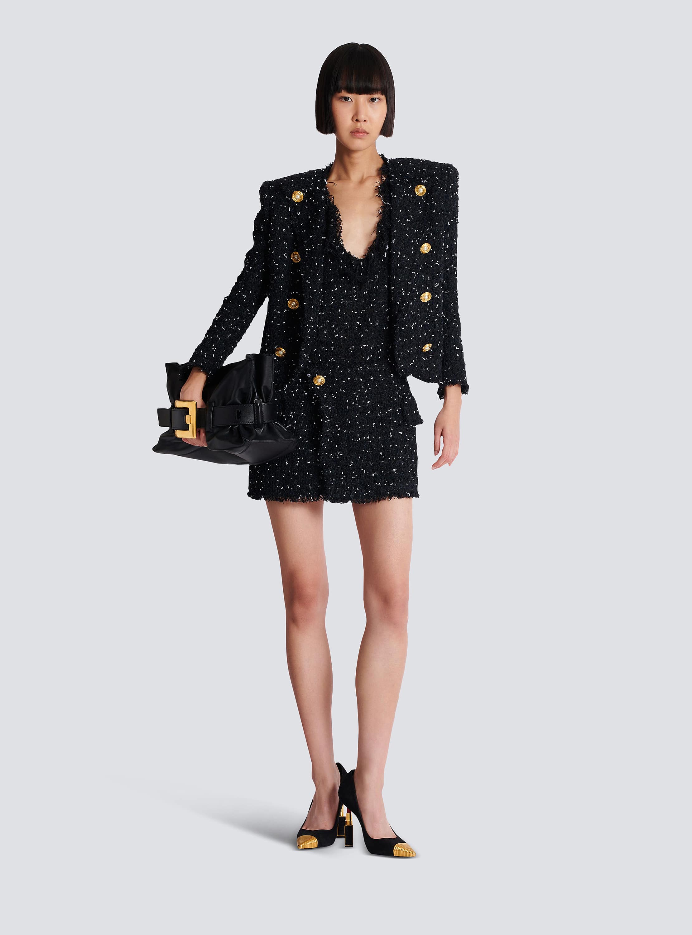 Asymmetric polka dots tweed mini skirt