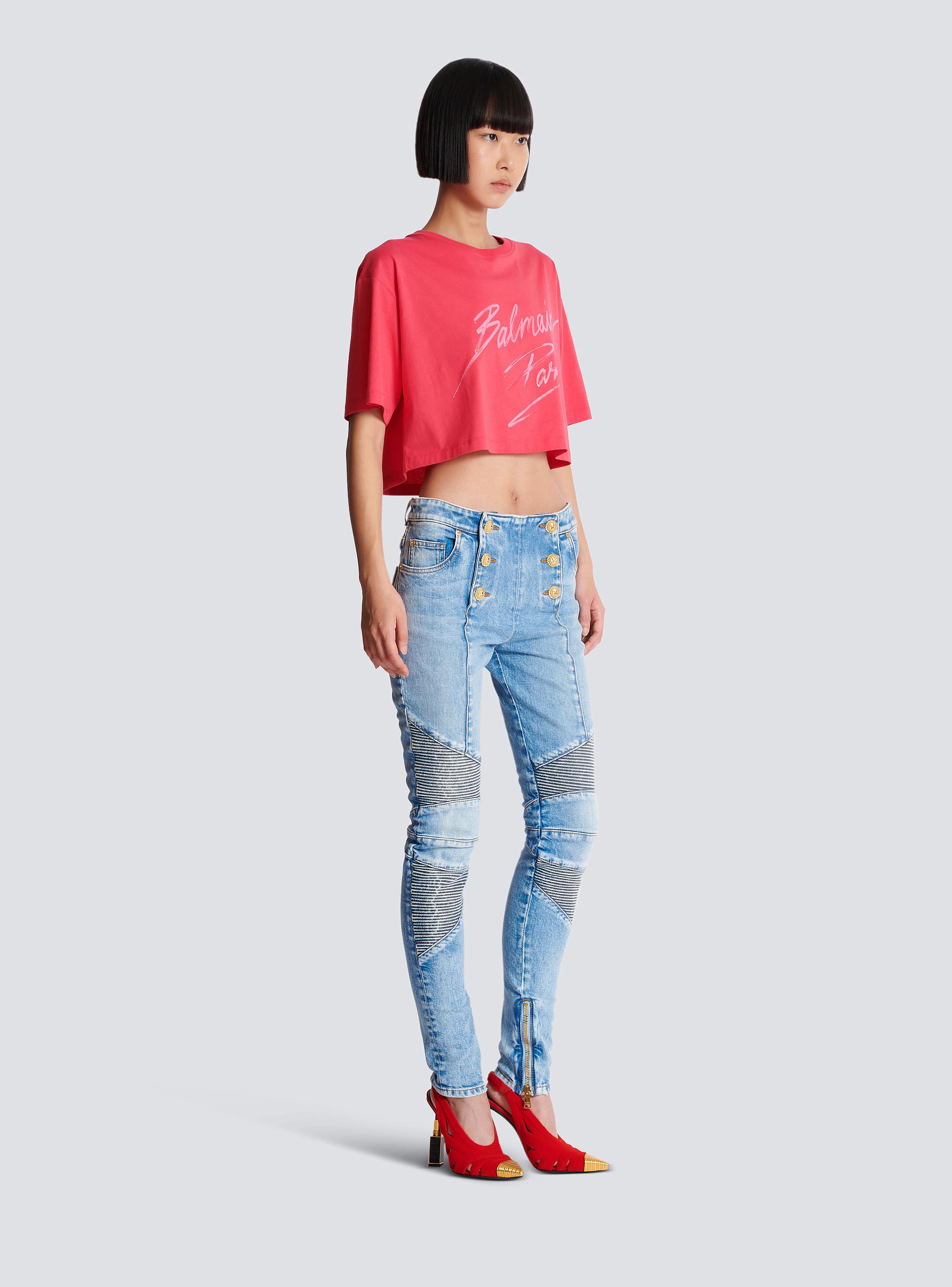 Six-button raw edge denim biker