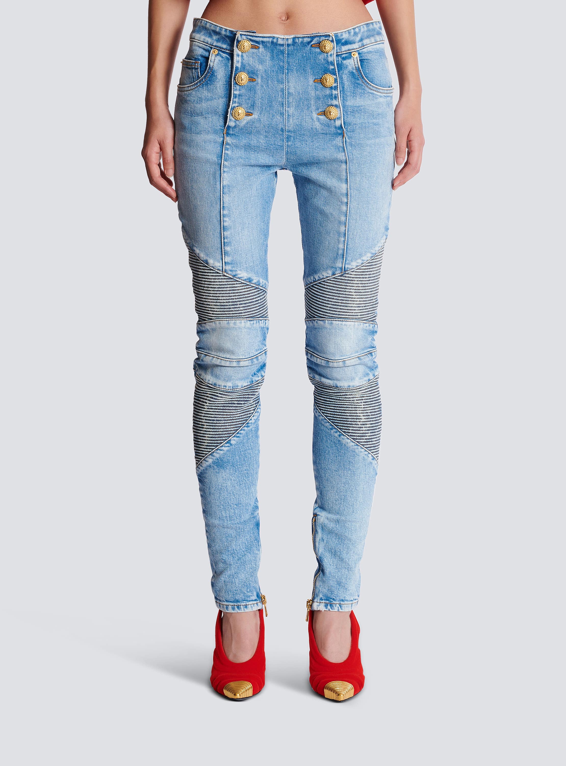 Six-button raw edge denim biker