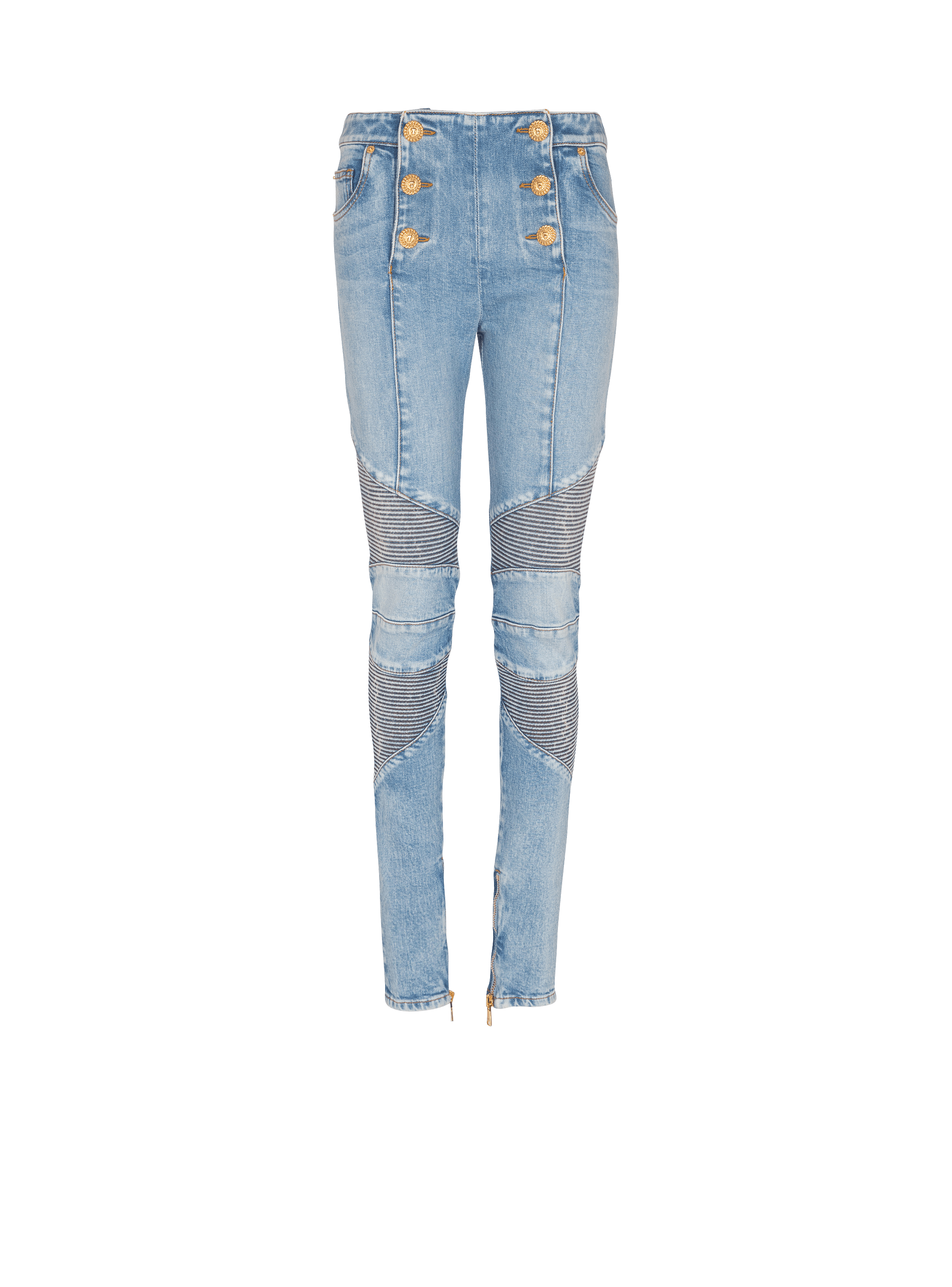 Six-button raw edge denim biker