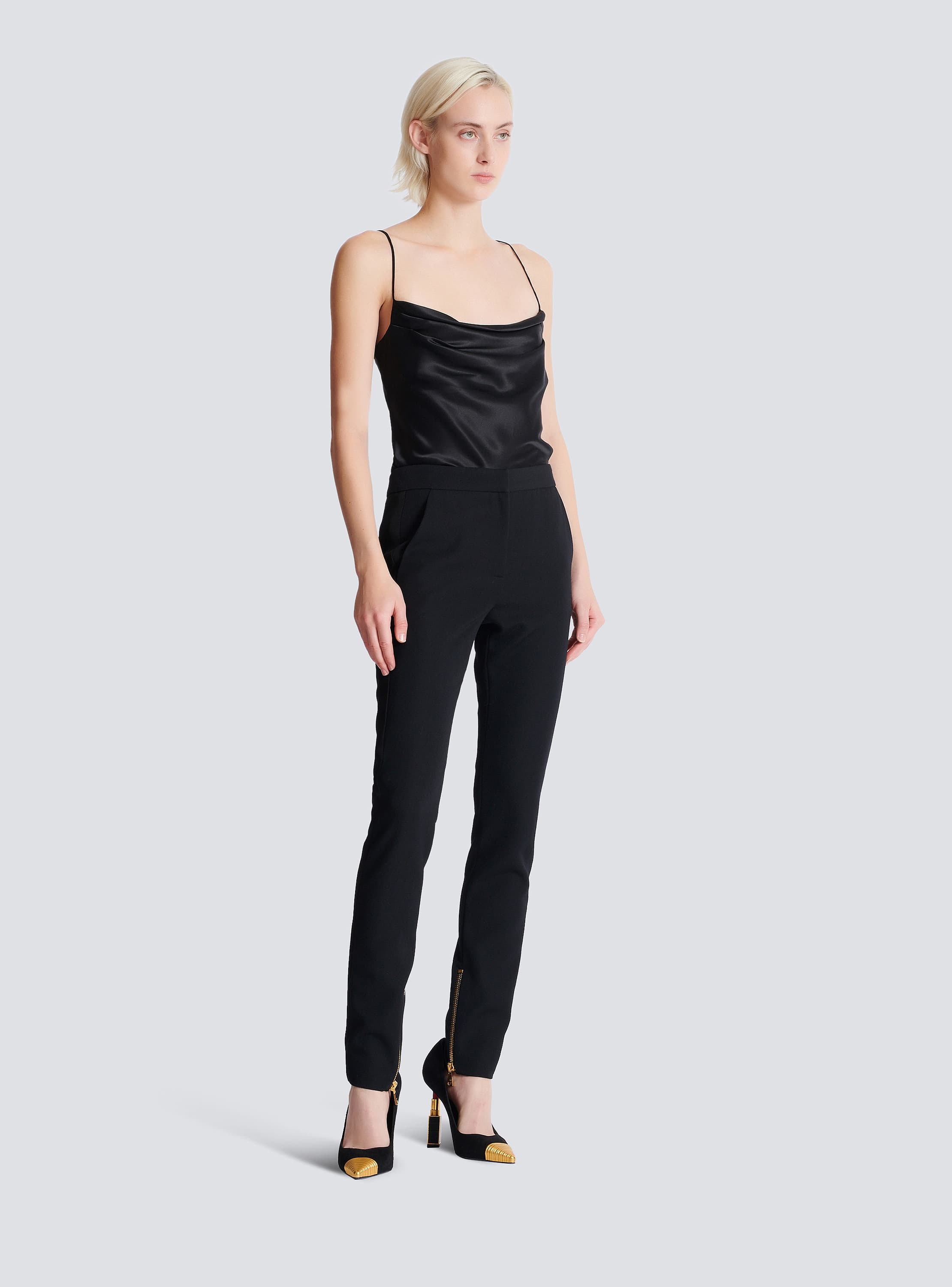 パンツ BALMAIN SS25 ZIPPED SATIN SLIM PANTS (EF0PM045ME54 EAP) Zipped slim-fit grain de poudre trousers - Women | BALMAIN