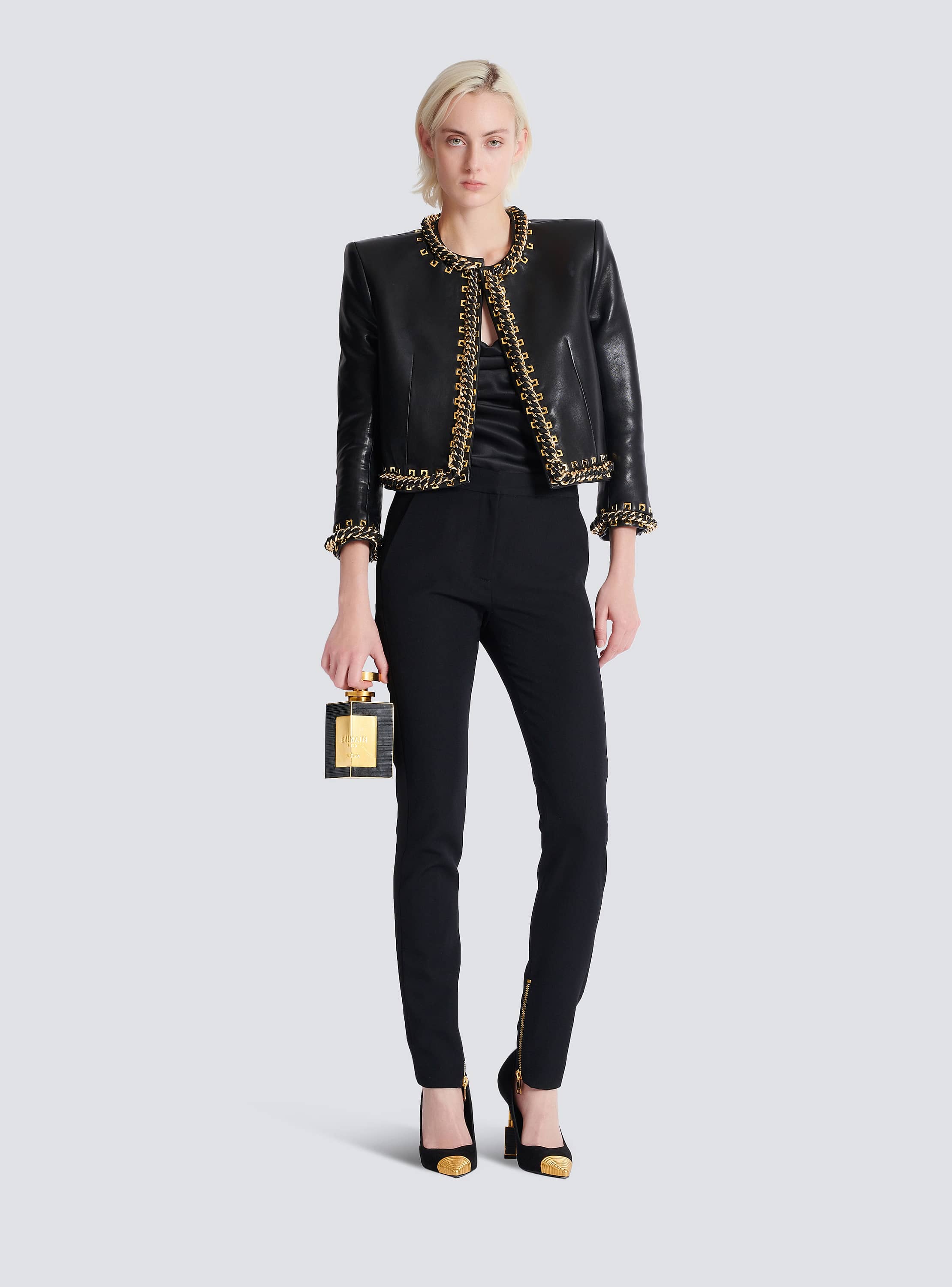 パンツ BALMAIN SS25 ZIPPED SATIN SLIM PANTS (EF0PM045ME54 EAP) Zipped slim-fit grain de poudre trousers black - Women | BALMAIN
