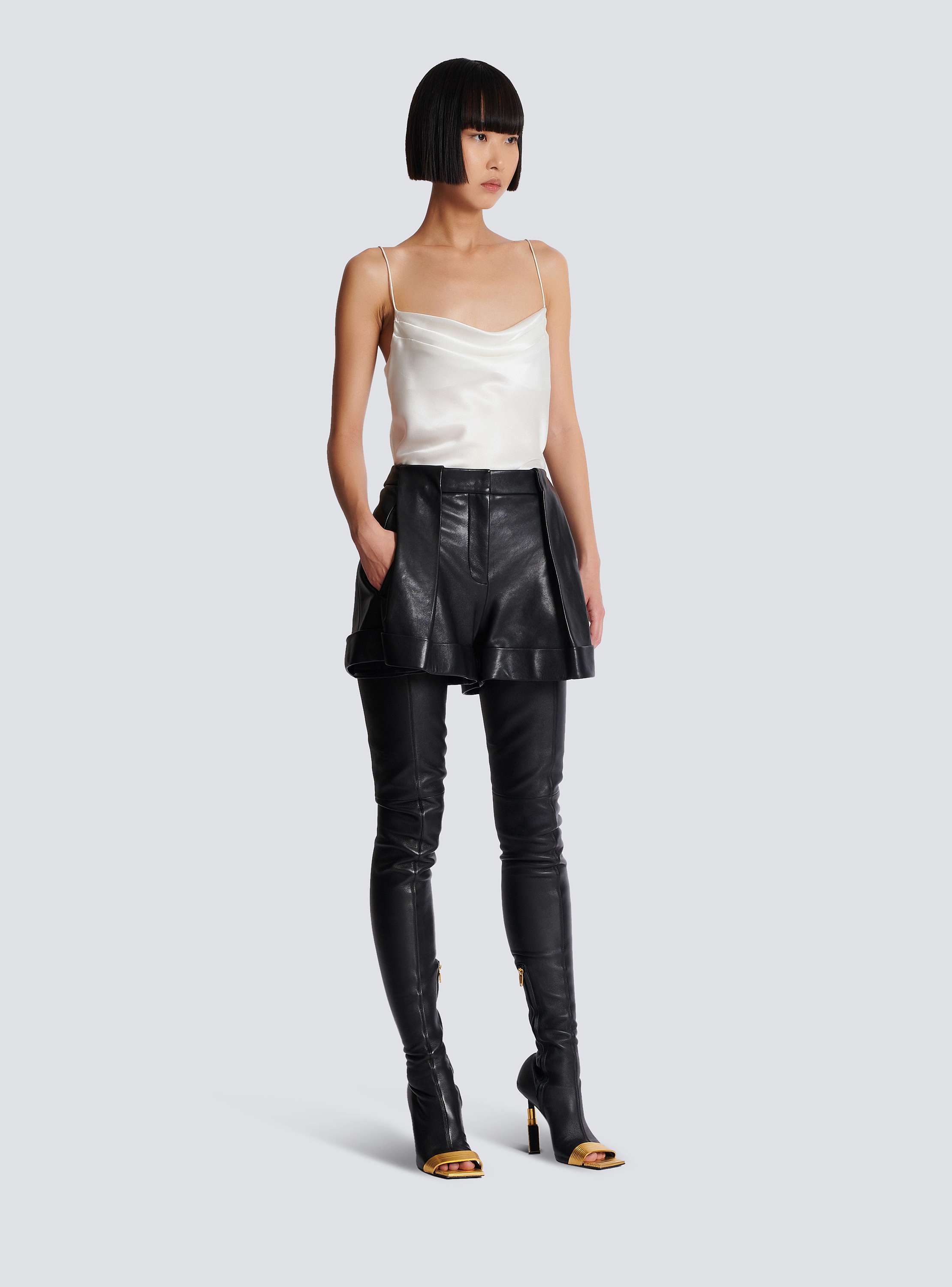 Pleated lambskin shorts black black - Women | BALMAIN