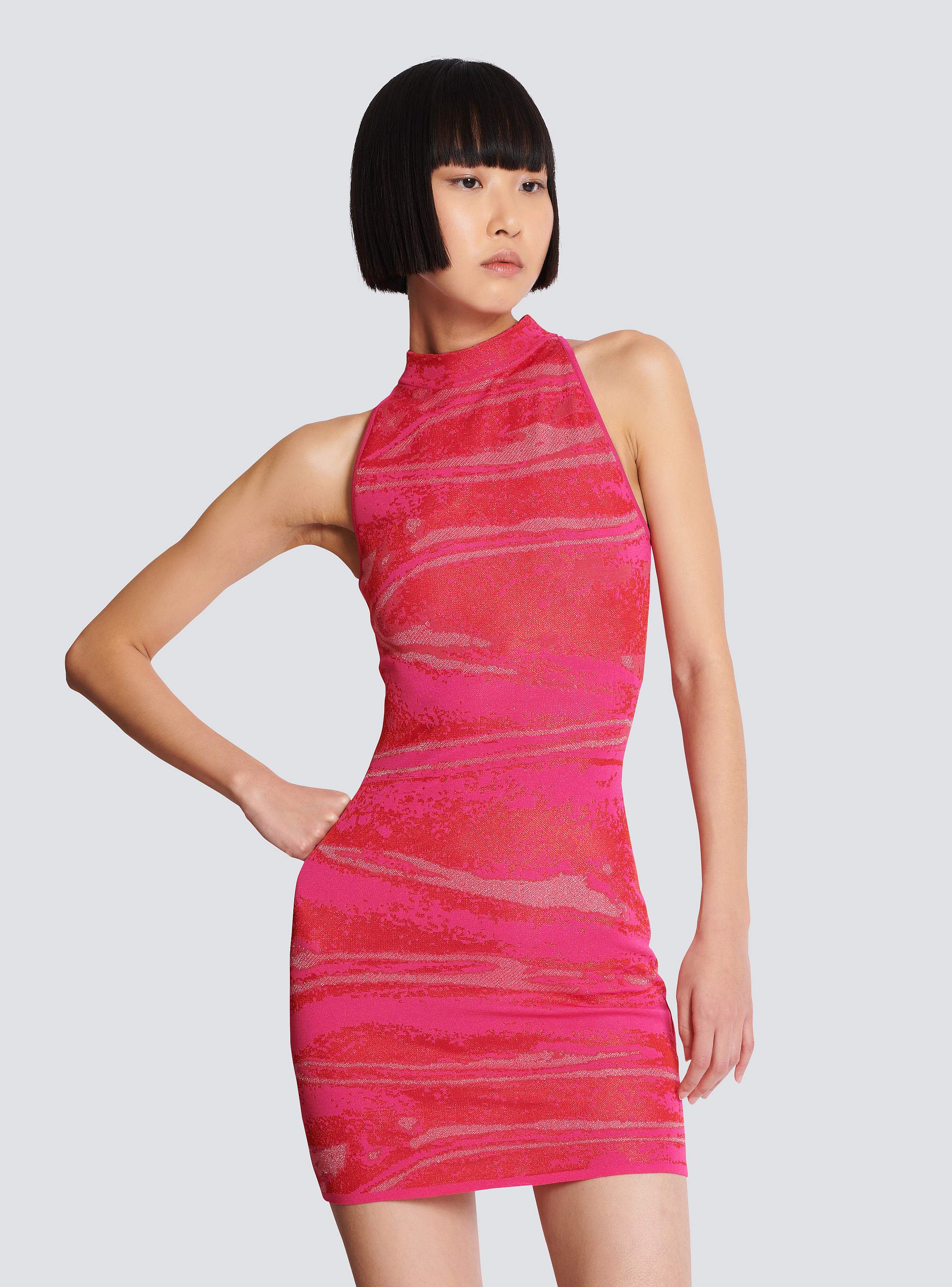 Halterneck zipped jacquard mini dress