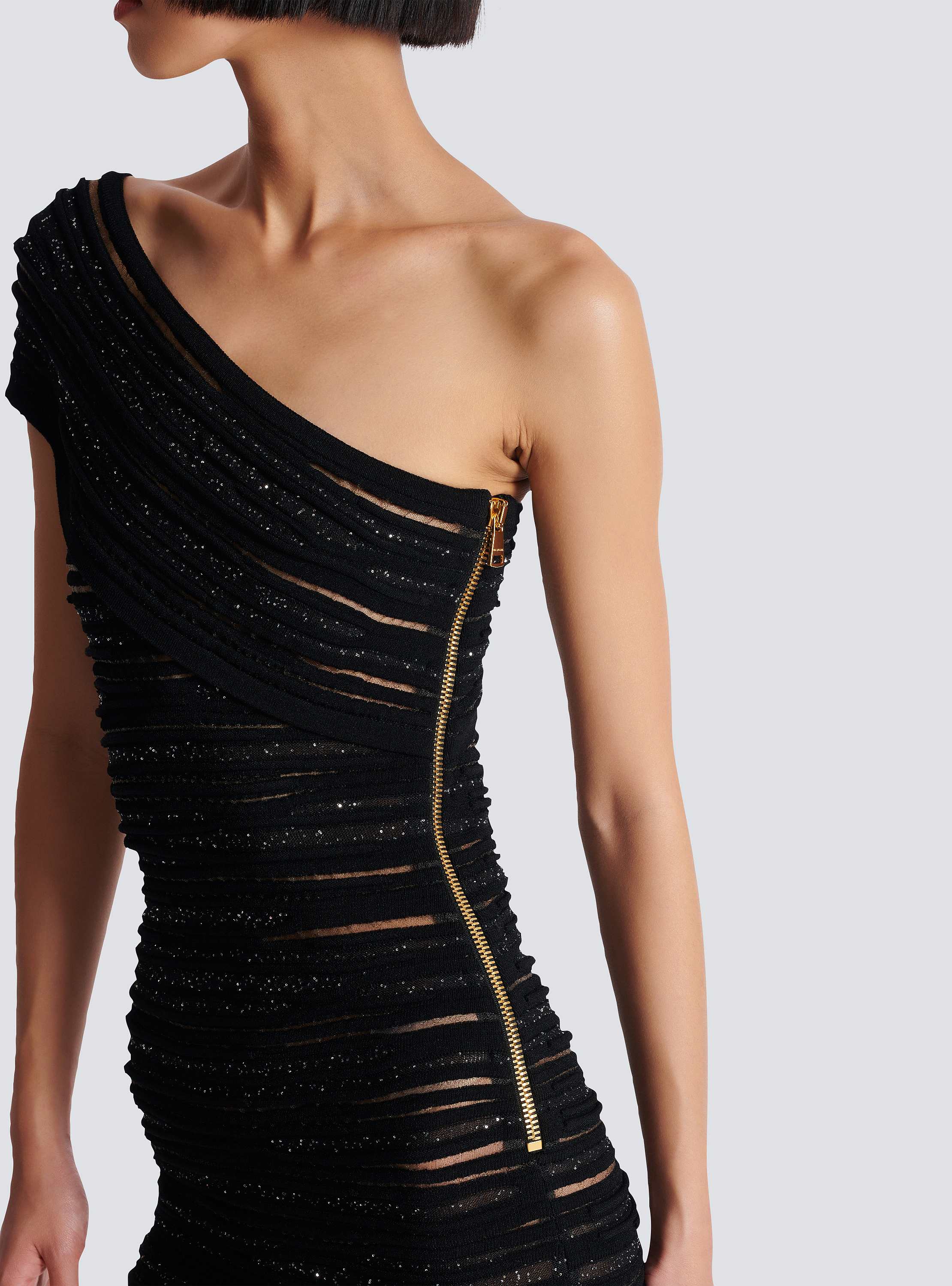 Asymmetrical dress in shiny rolled knit black - Women | BALMAIN