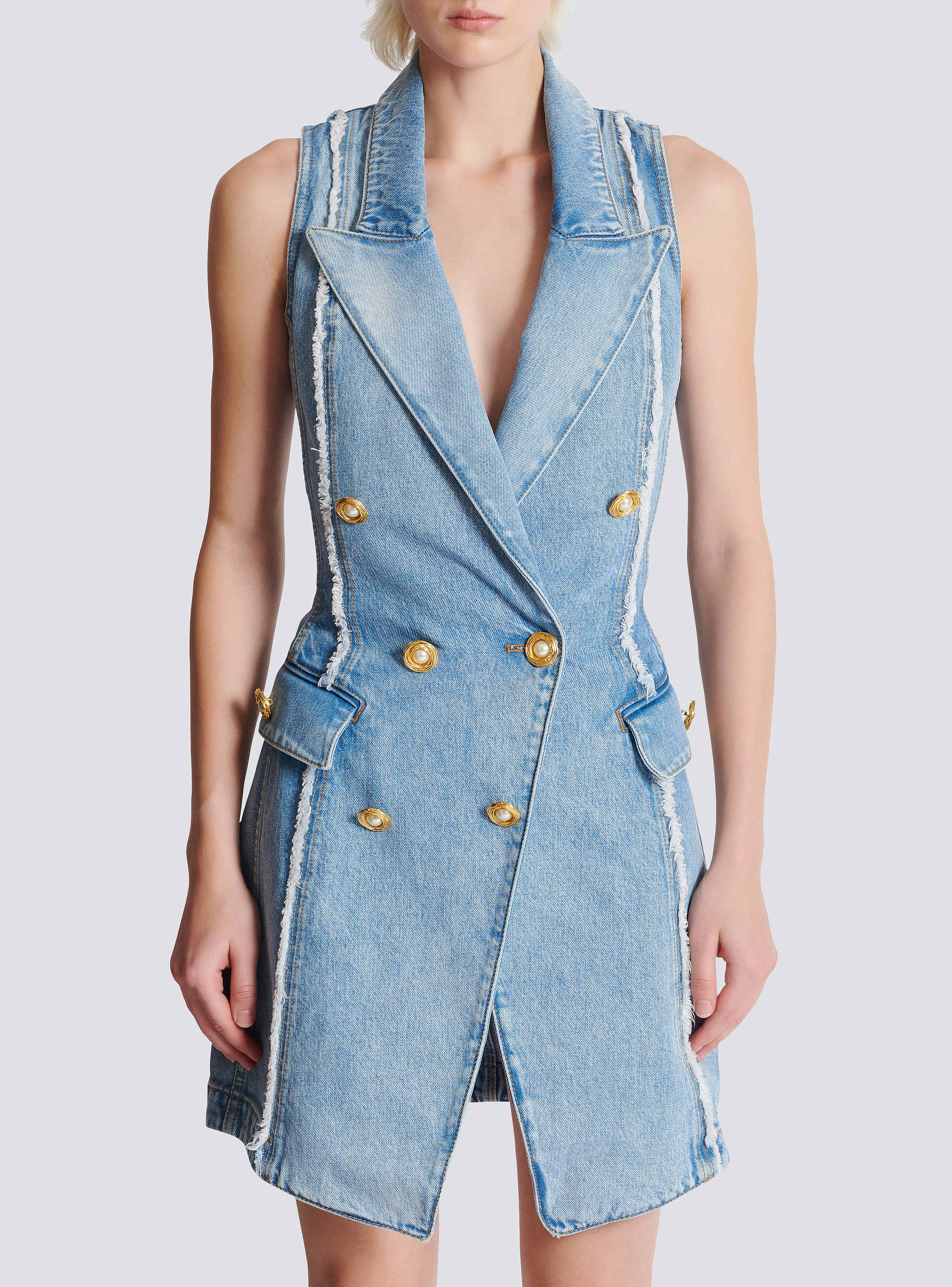 Six-button raw edge denim mini dress