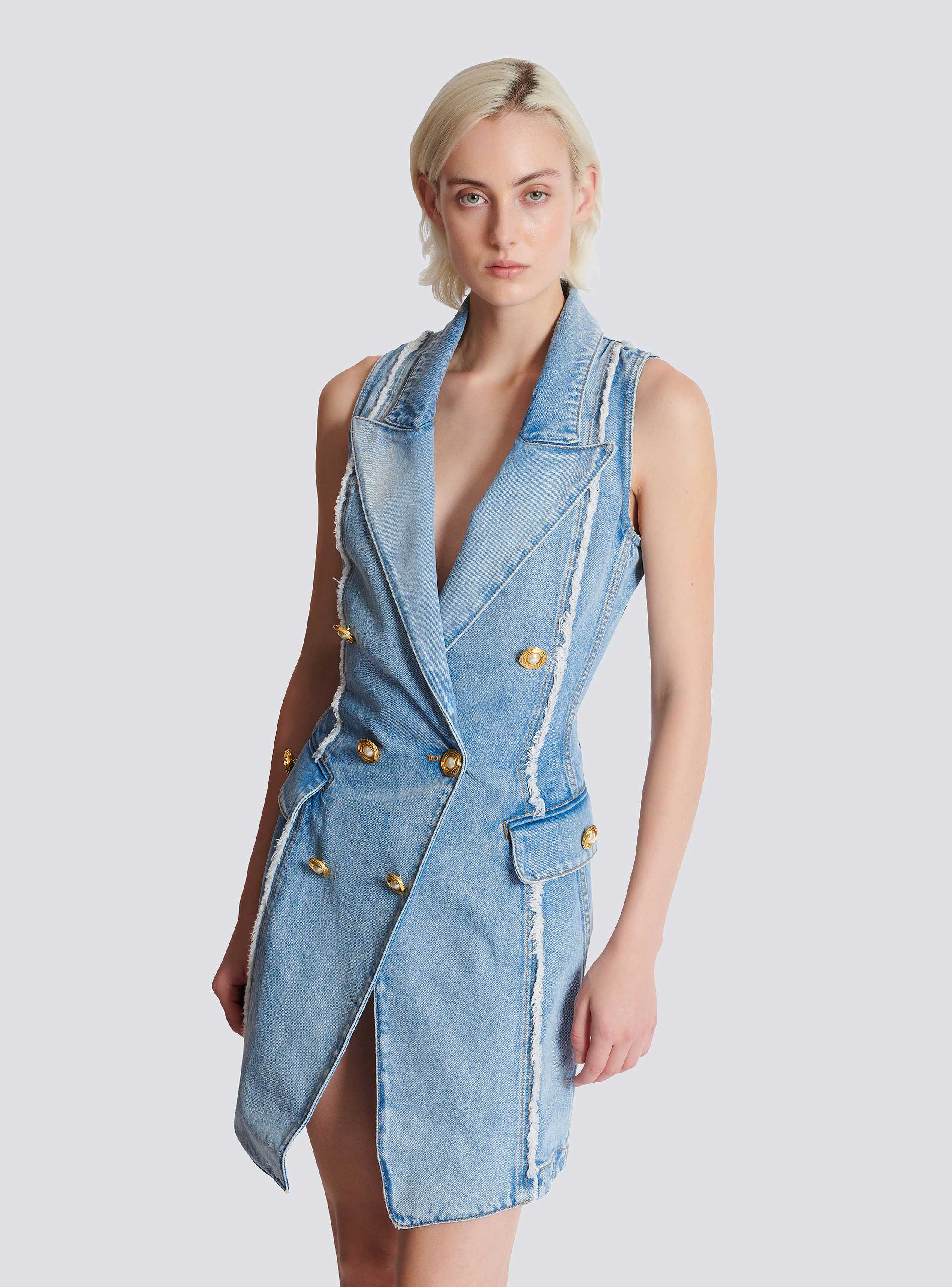Six-button raw edge denim mini dress