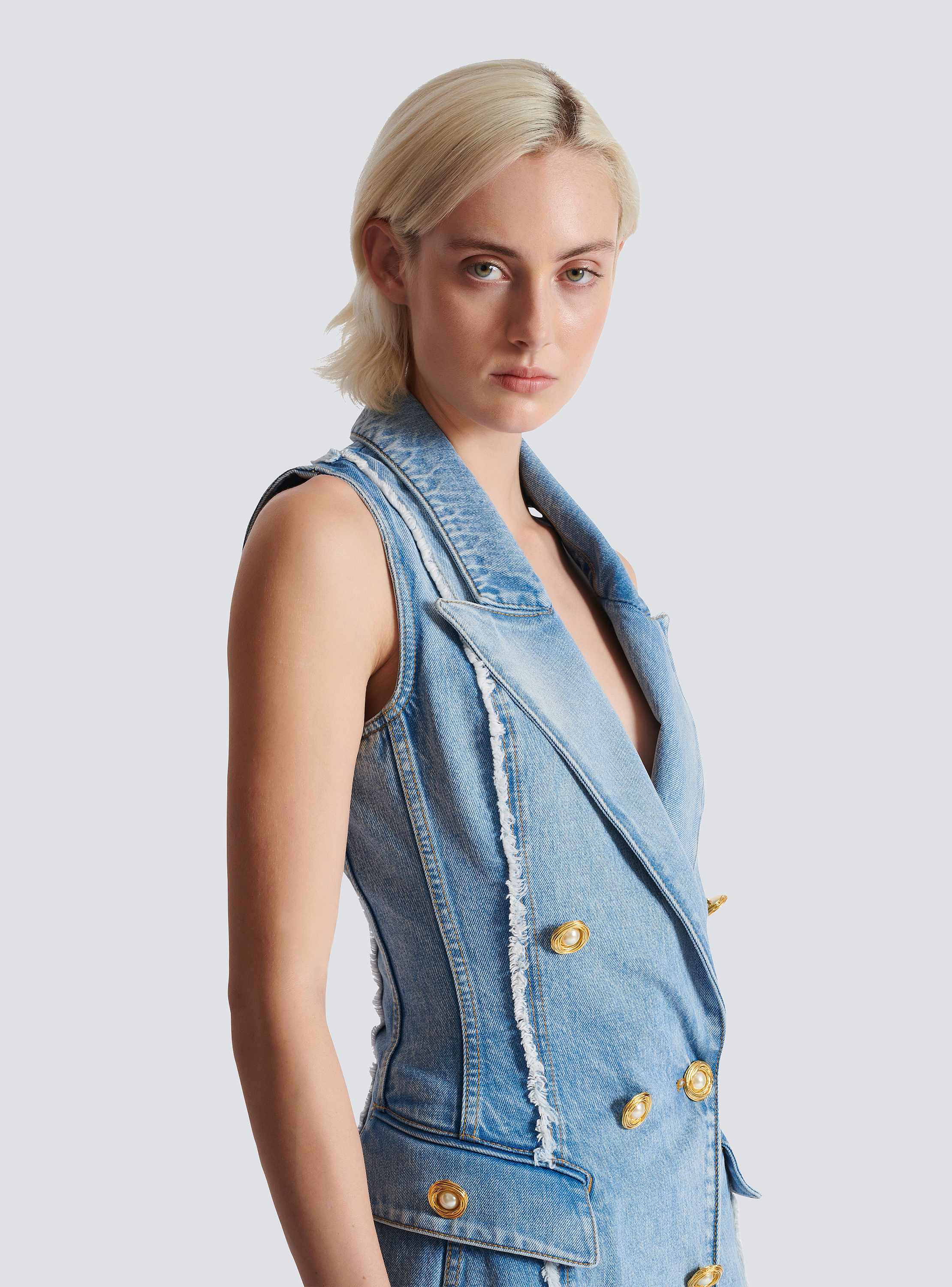 Six-button raw edge denim mini dress