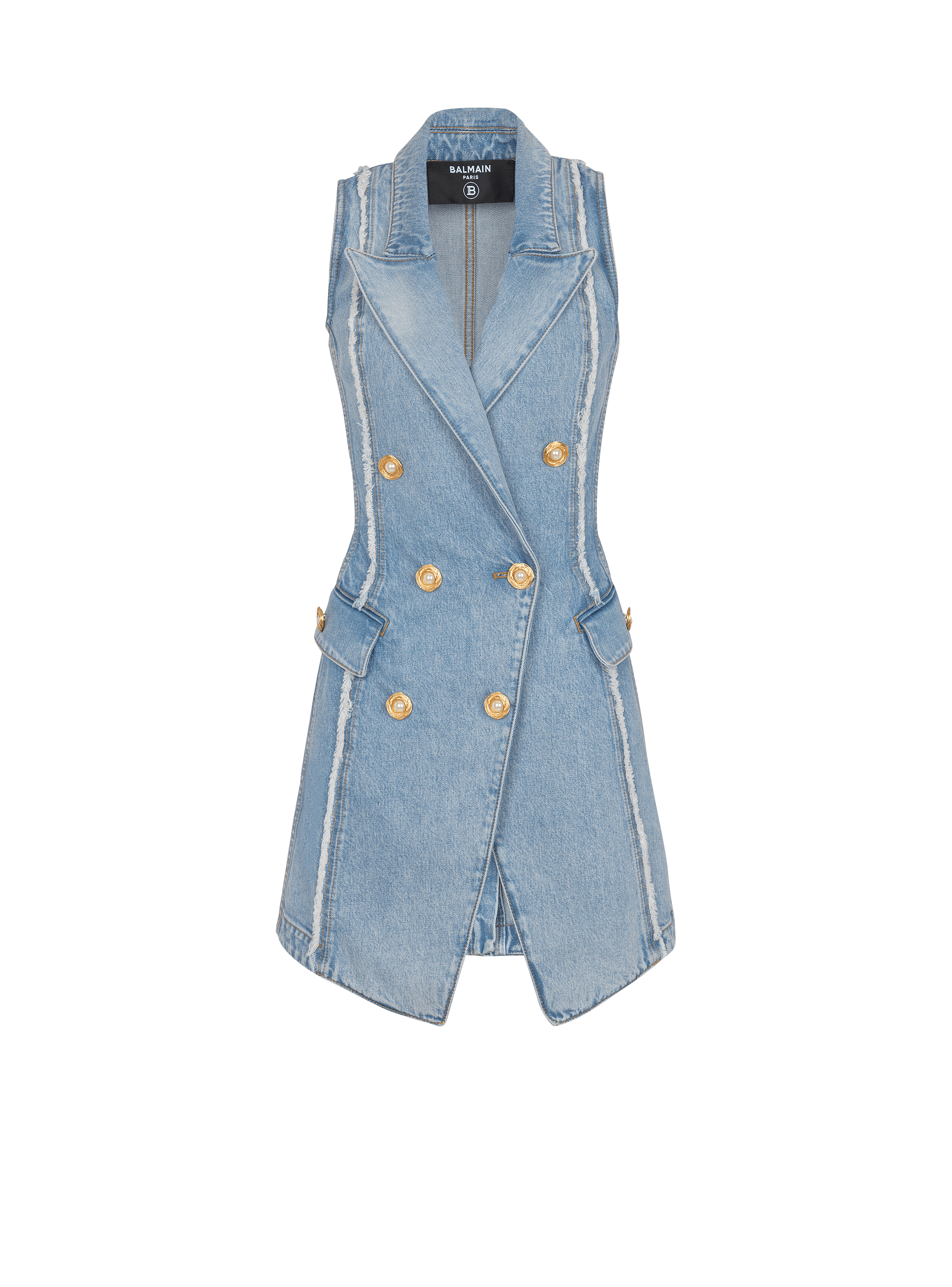 Six-button raw edge denim mini dress