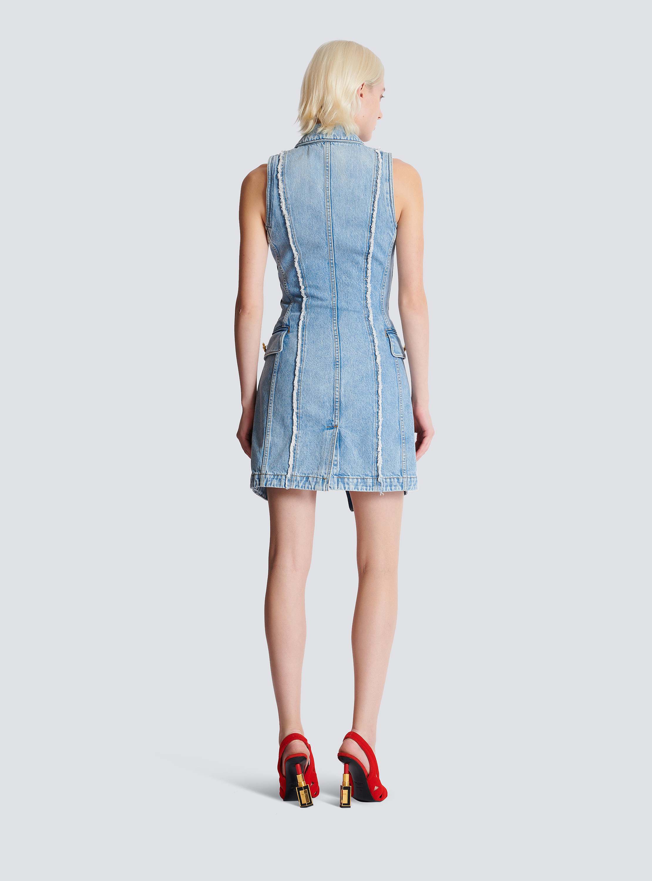 Six-button raw edge denim mini dress
