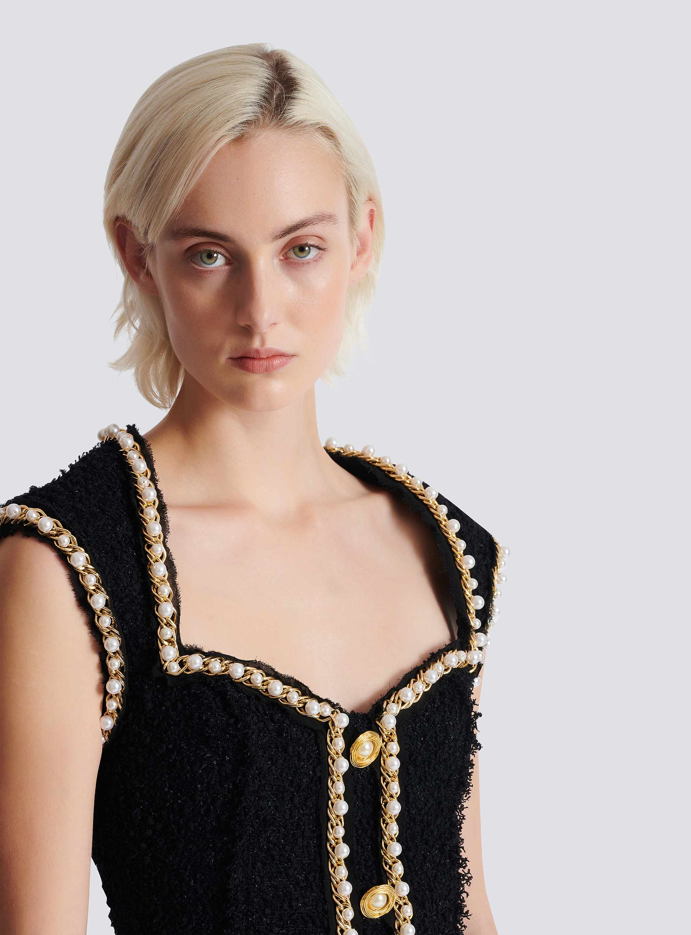Tweed dress with pearl trim black black - Women | BALMAIN